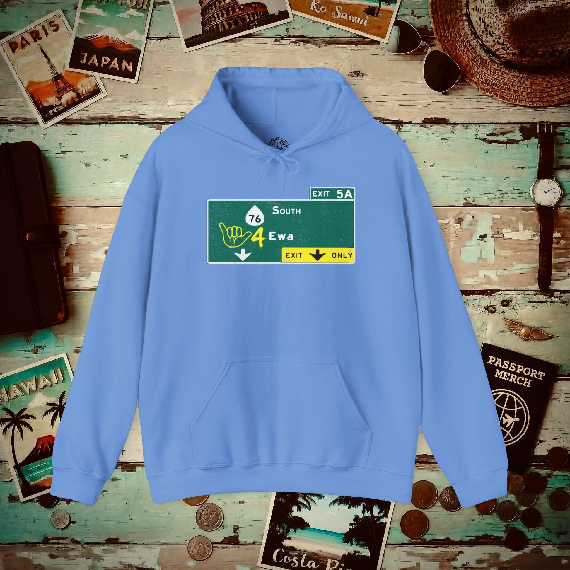 Signs of Wanderlust, Shaka 4 Ewa, Hawaii Hoodie Carolina Blue / S
