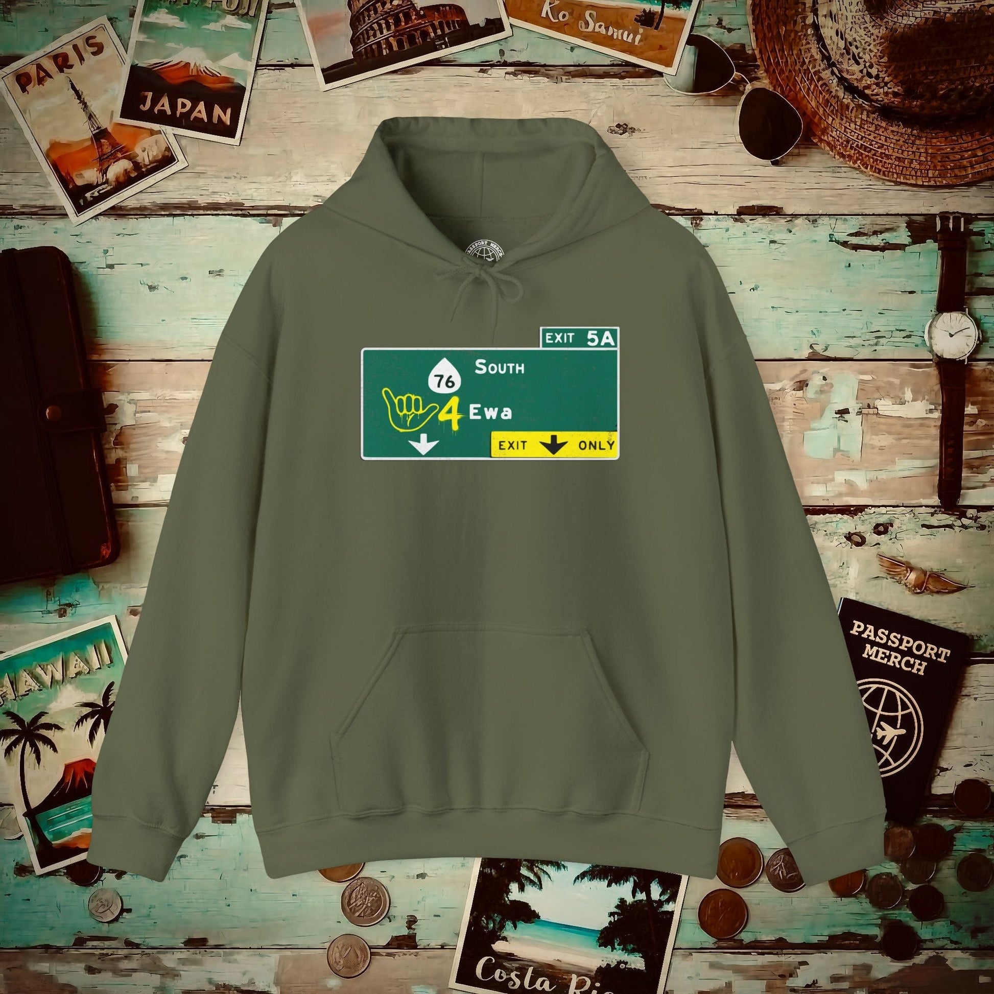 Signs of Wanderlust, Shaka 4 Ewa, Hawaii Hoodie Military Green / S