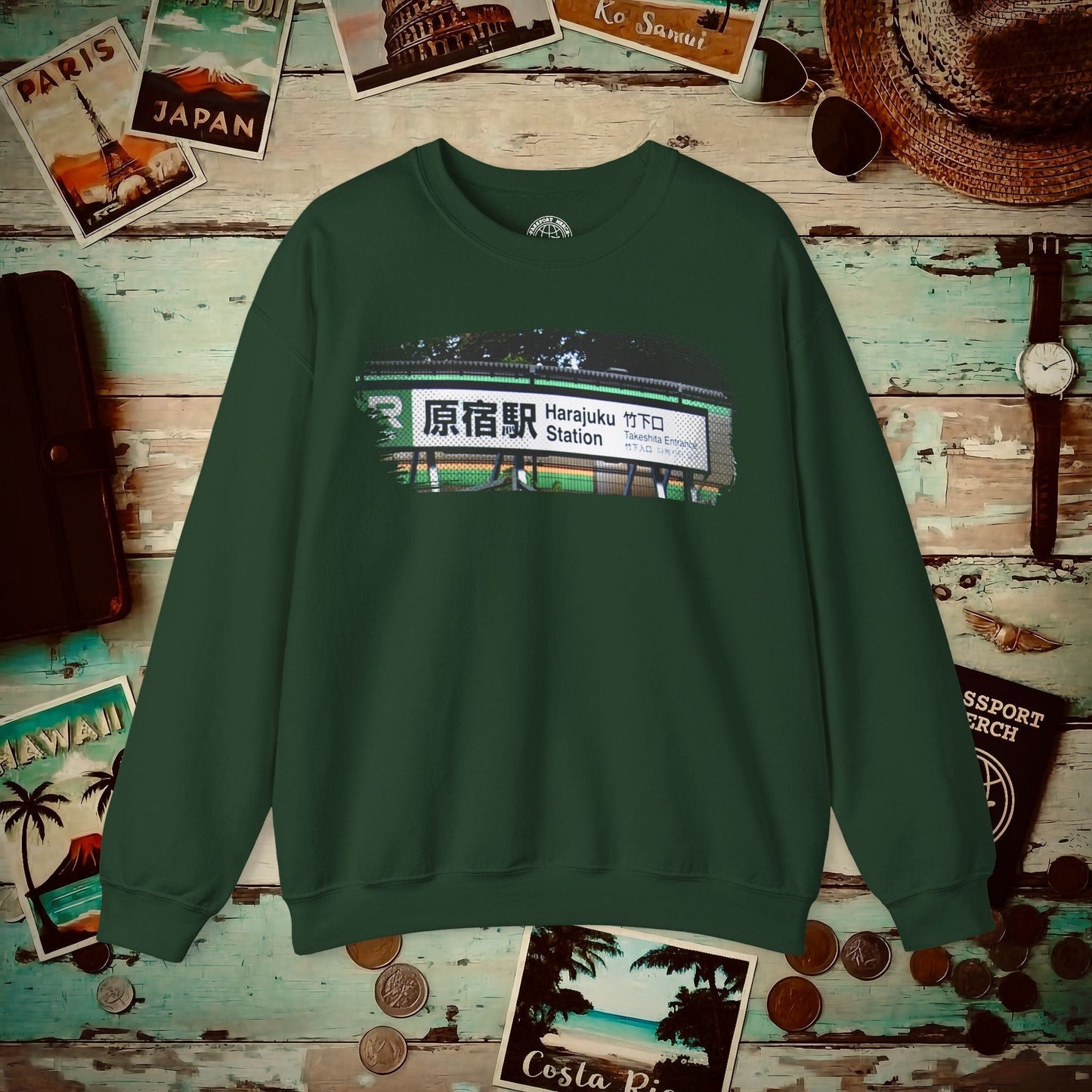 Signs of Wanderlust, Takeshita Street Harajuku Japan Crewneck Forest Green / S