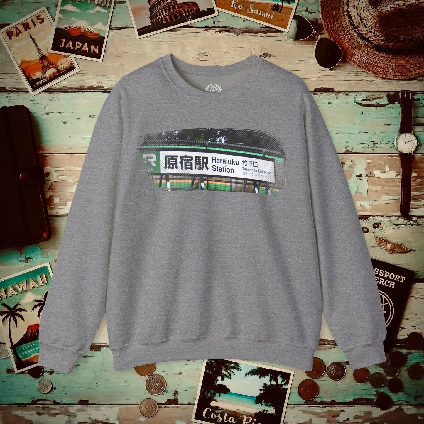 Signs of Wanderlust, Takeshita Street Harajuku Japan Crewneck Graphite Heather / S