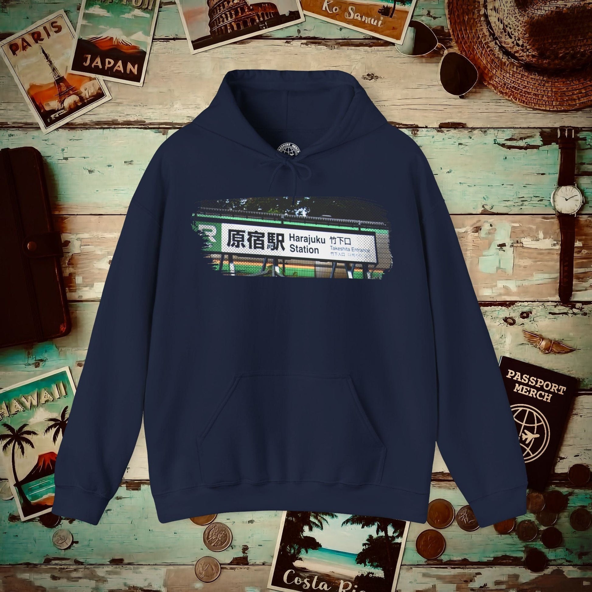 Signs of Wanderlust, Takeshita Street Harajuku Japan Hoodie Navy / S