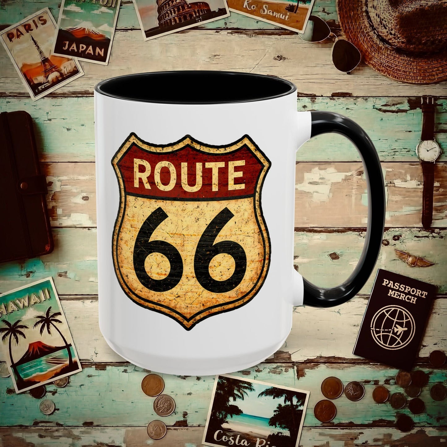 Signs of Wanderlust, Vintage Route 66, USA 15oz Mug Black / 15oz