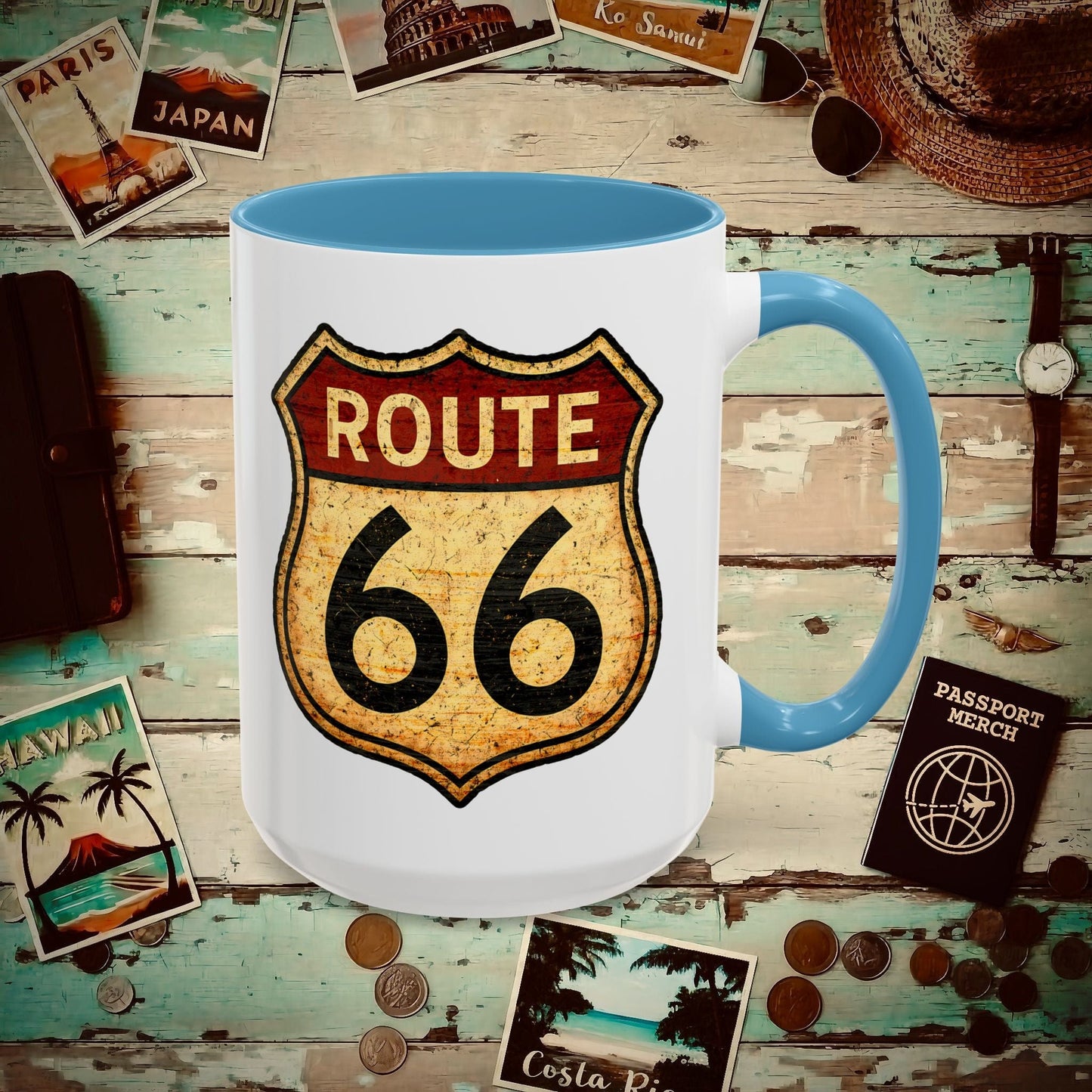 Signs of Wanderlust, Vintage Route 66, USA 15oz Mug Light Blue / 15oz