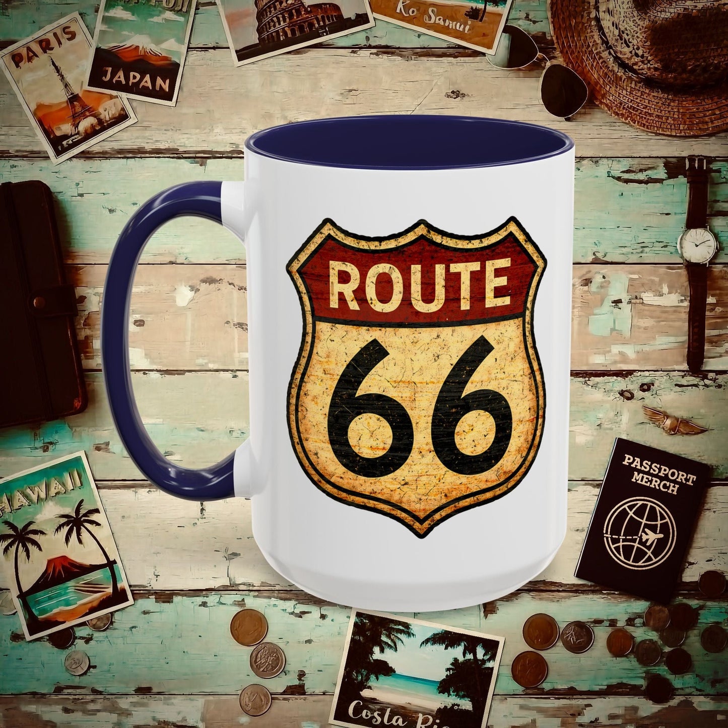 Signs of Wanderlust, Vintage Route 66, USA 15oz Mug Navy / 15oz