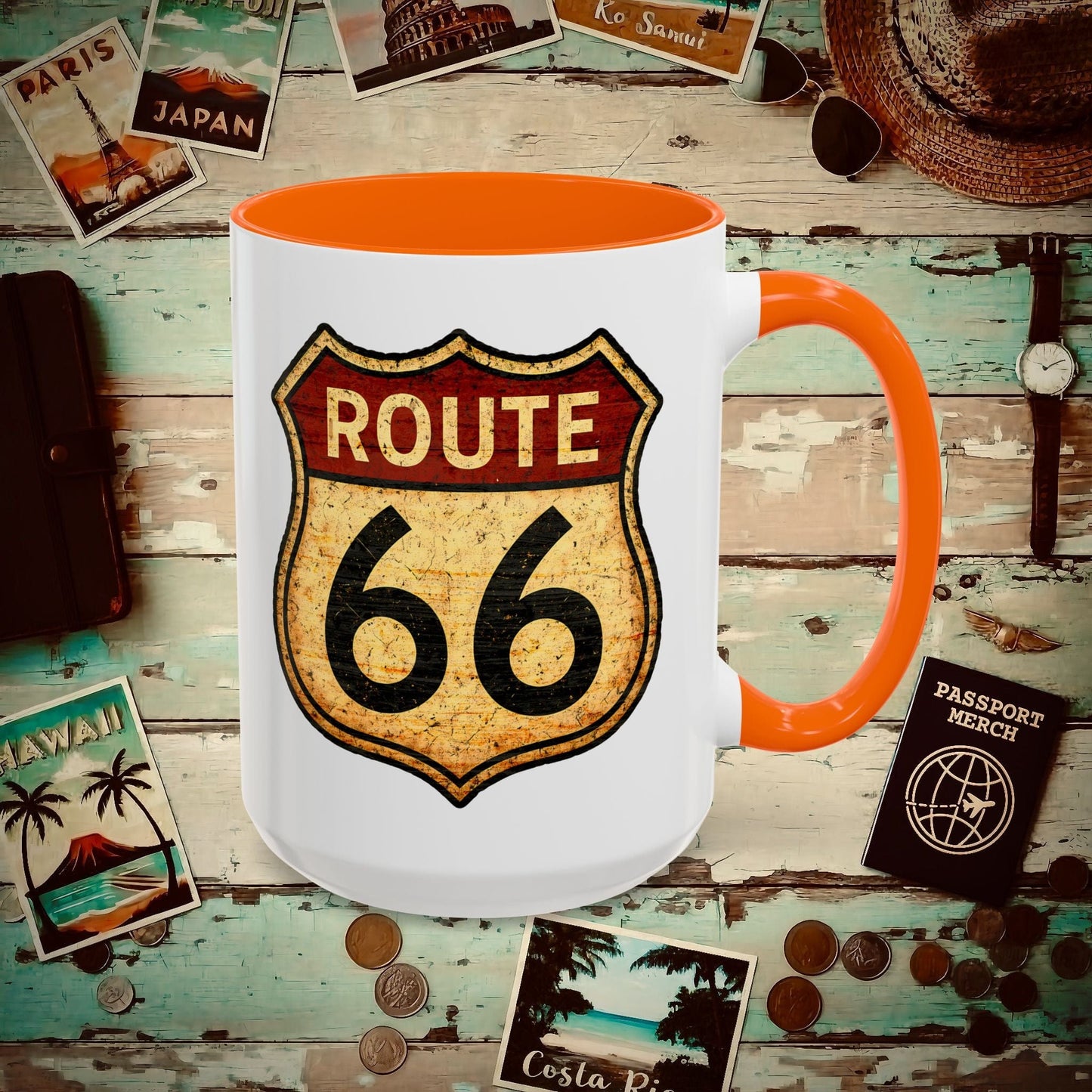 Signs of Wanderlust, Vintage Route 66, USA 15oz Mug Orange / 15oz