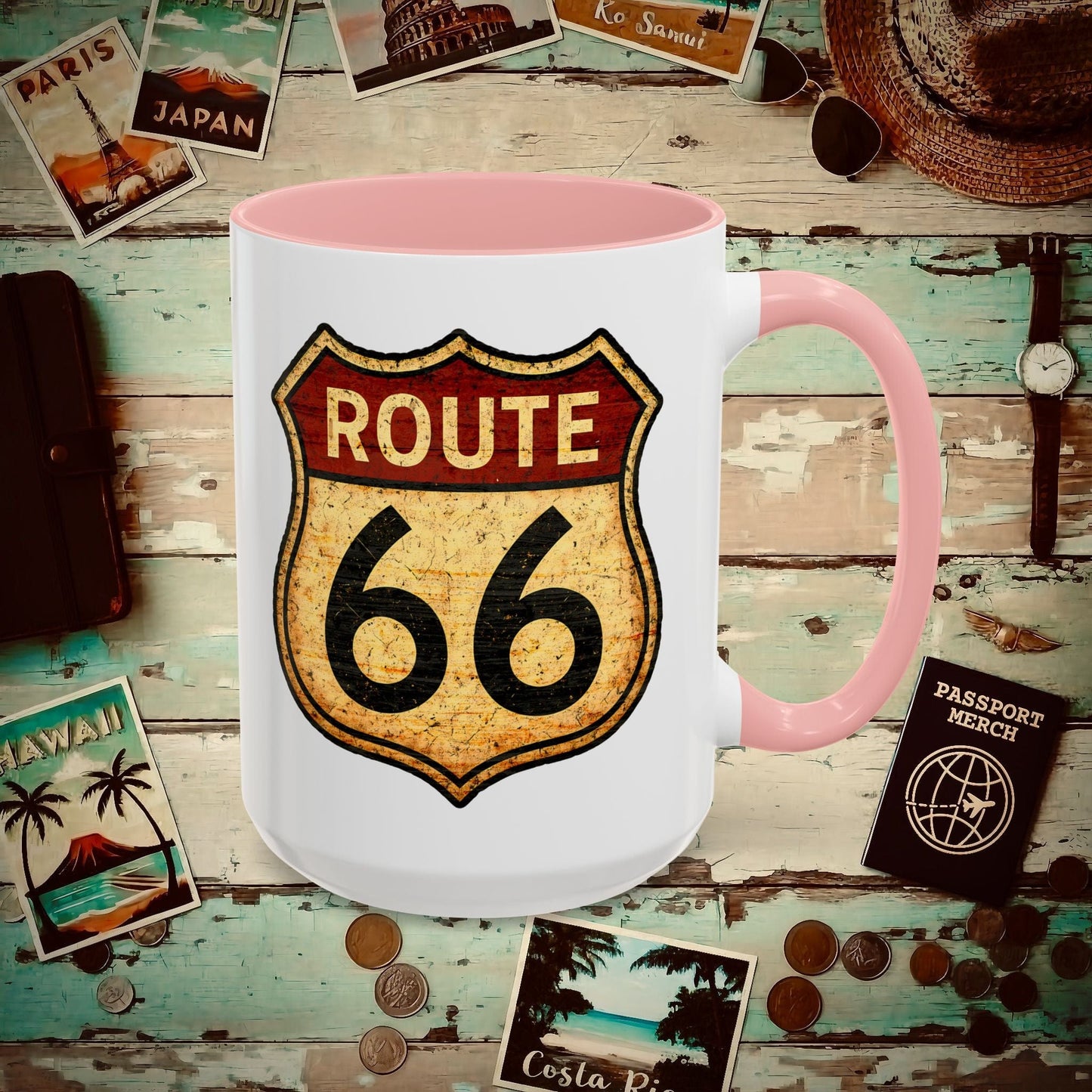 Signs of Wanderlust, Vintage Route 66, USA 15oz Mug Pink / 15oz