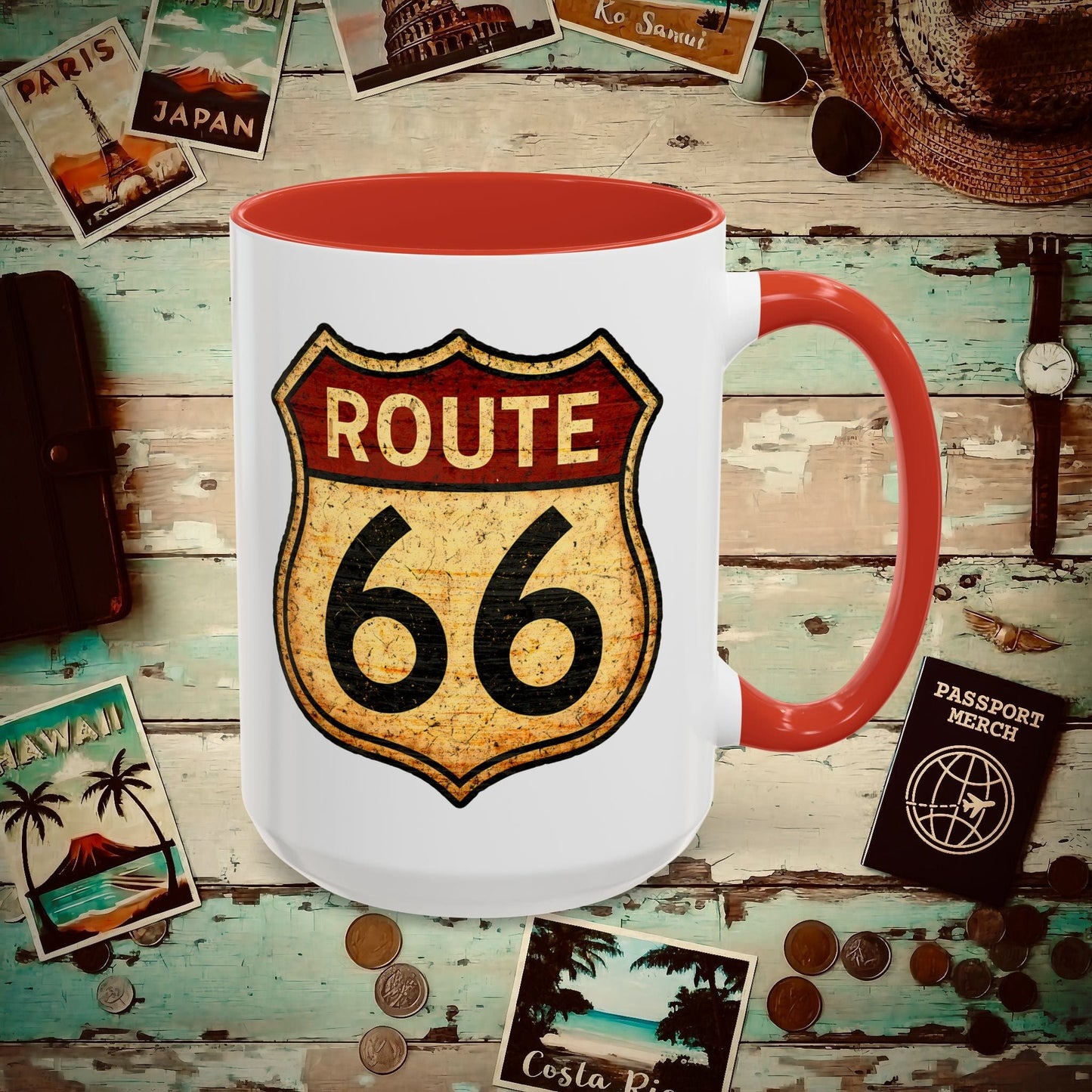 Signs of Wanderlust, Vintage Route 66, USA 15oz Mug Red / 15oz