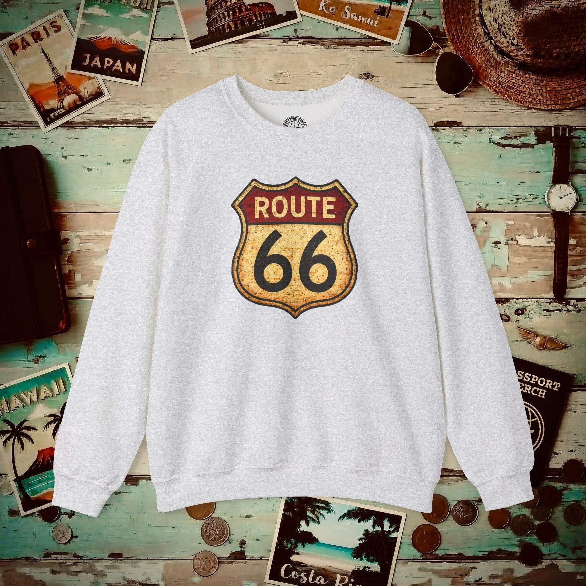 Signs of Wanderlust, Vintage Route 66, USA Crewneck Ash / S