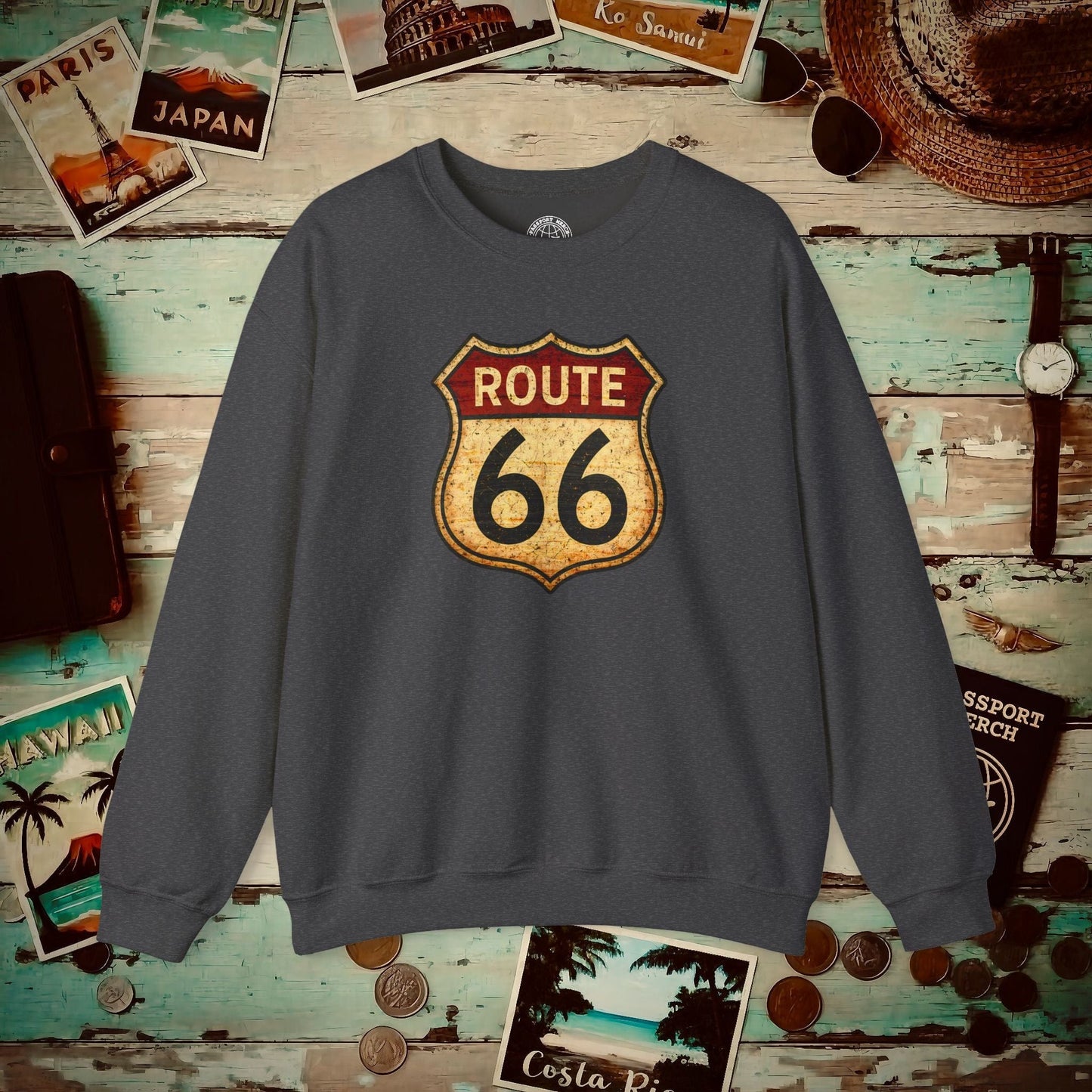 Signs of Wanderlust, Vintage Route 66, USA Crewneck Dark Heather / S