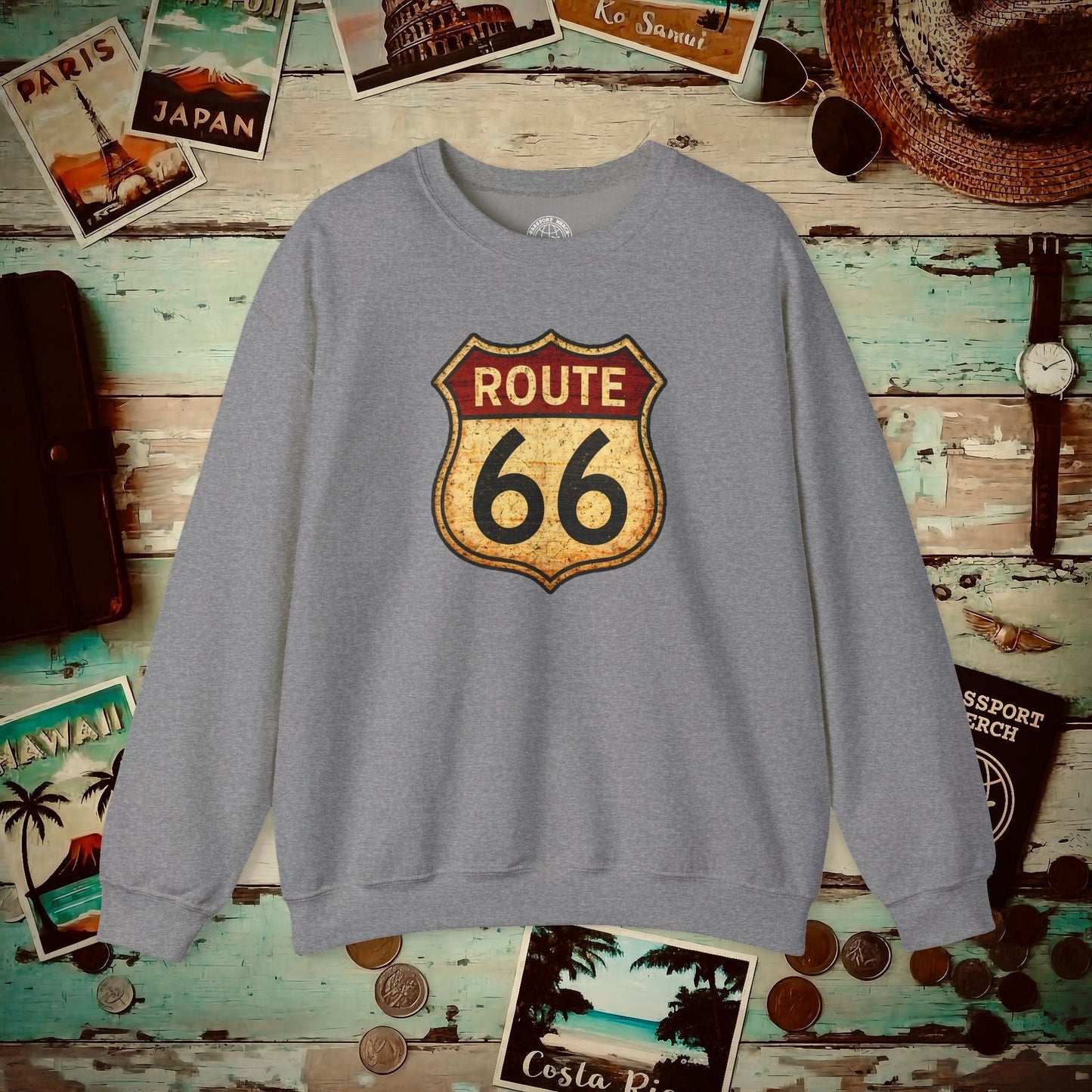Signs of Wanderlust, Vintage Route 66, USA Crewneck Graphite Heather / S