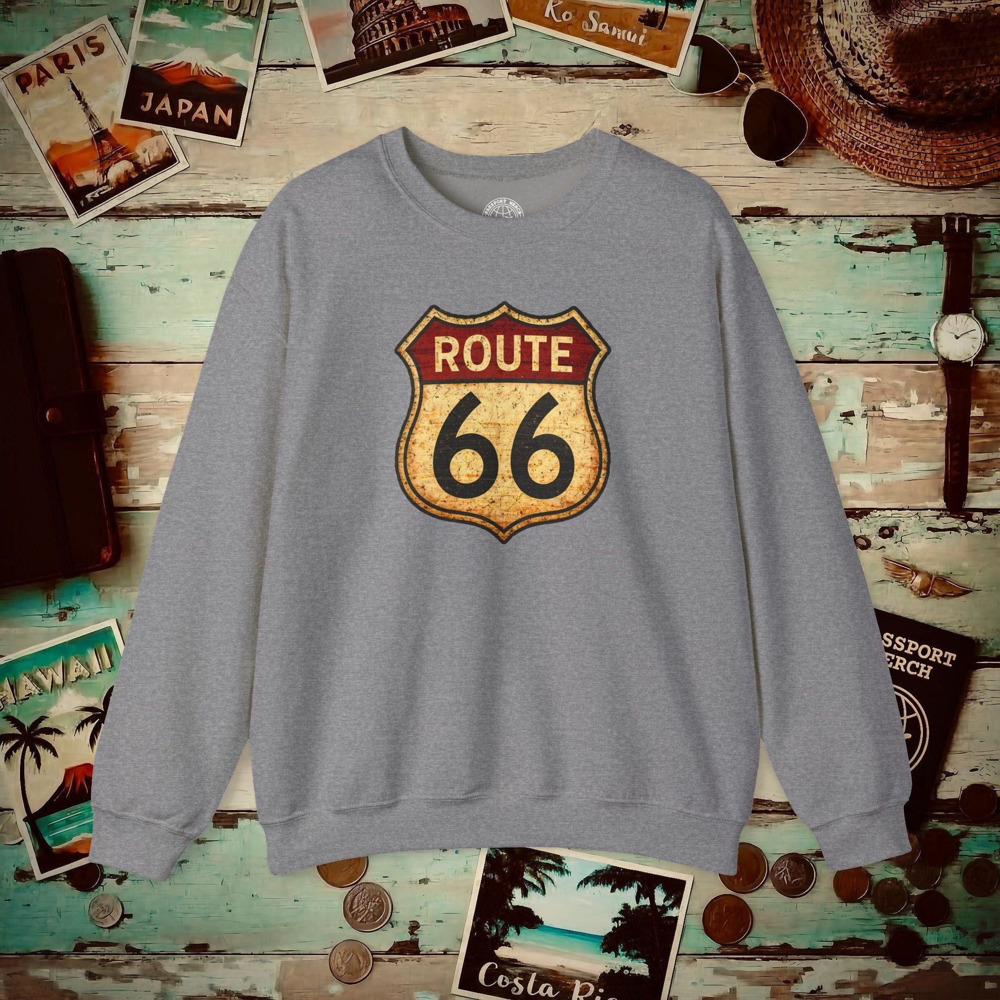 Signs of Wanderlust, Vintage Route 66, USA Crewneck Graphite Heather / S