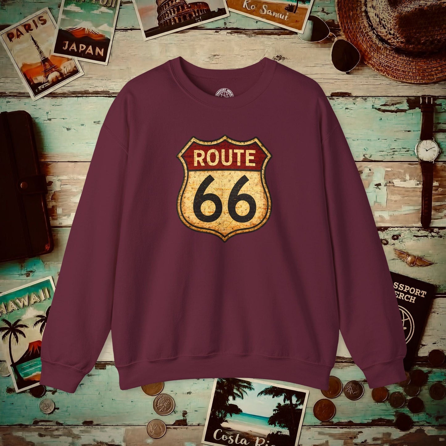 Signs of Wanderlust, Vintage Route 66, USA Crewneck Maroon / S