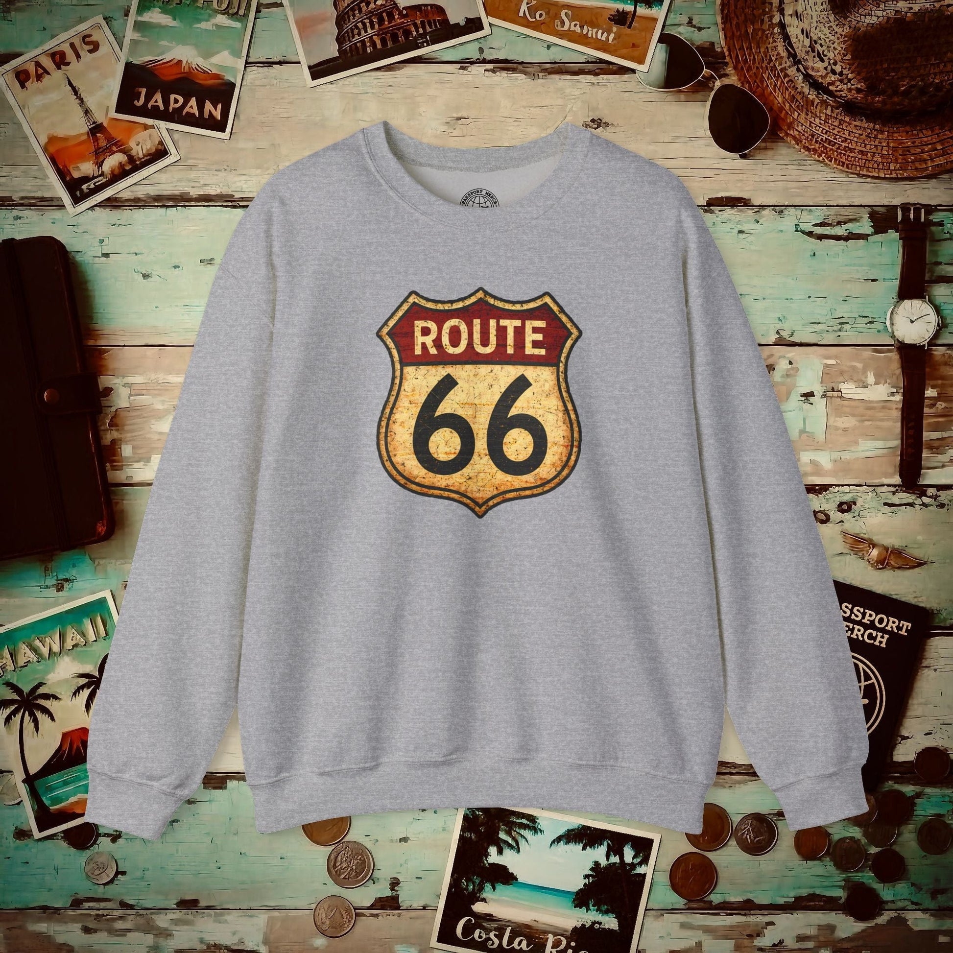 Signs of Wanderlust, Vintage Route 66, USA Crewneck Sport Grey / S