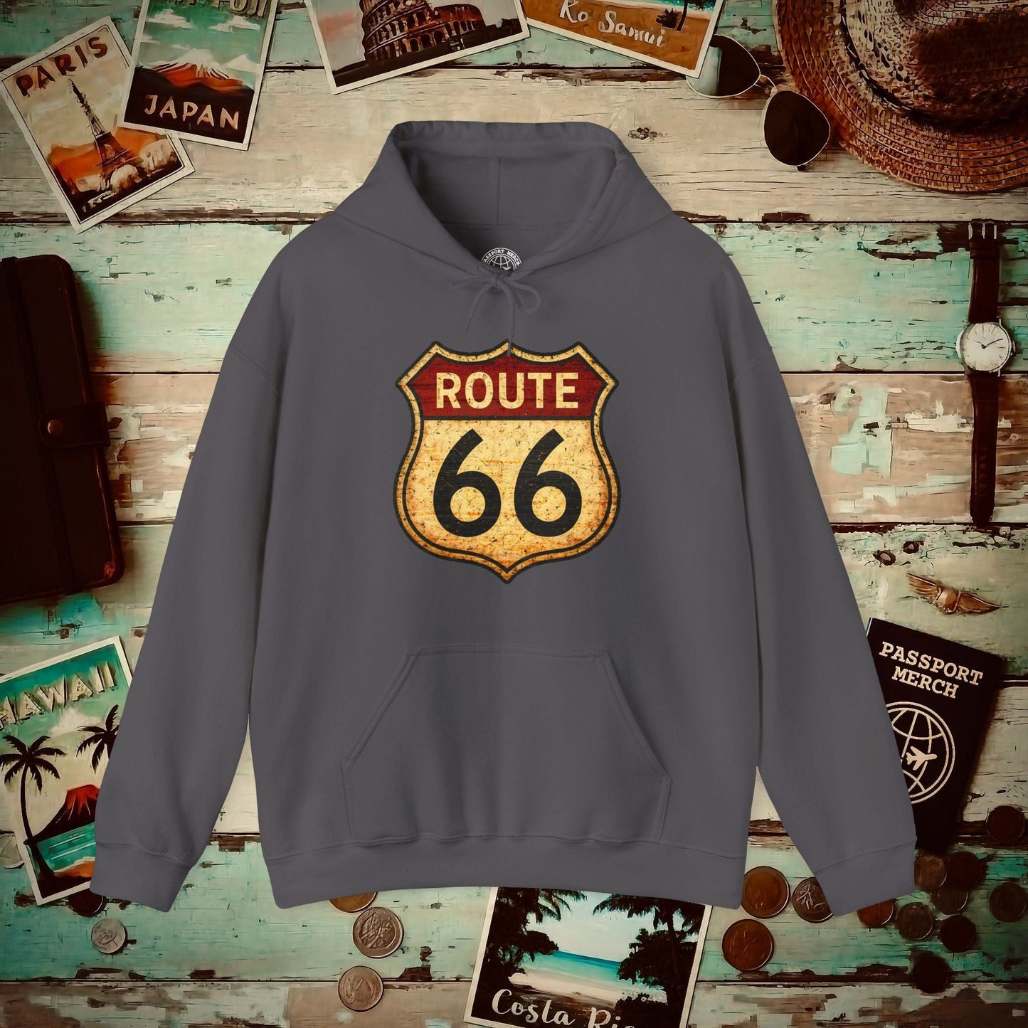 Signs of Wanderlust, Vintage Route 66, USA Hoodie Charcoal / S