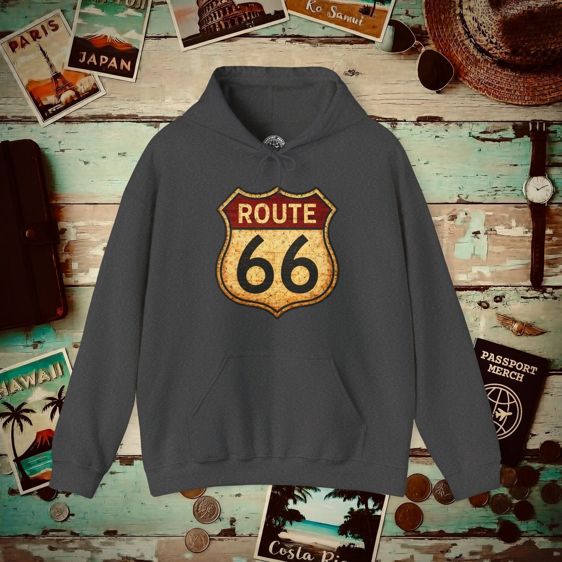 Signs of Wanderlust, Vintage Route 66, USA Hoodie Dark Heather / S