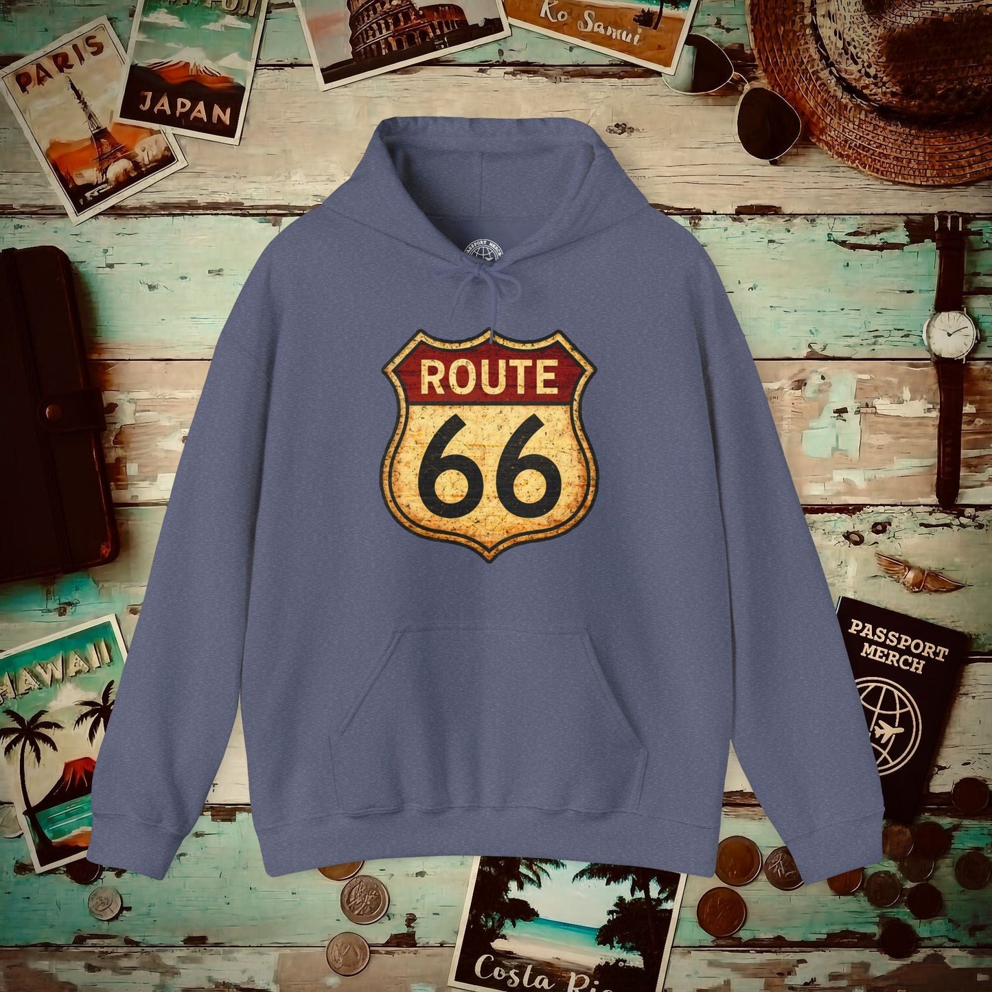 Signs of Wanderlust, Vintage Route 66, USA Hoodie Heather Navy / S