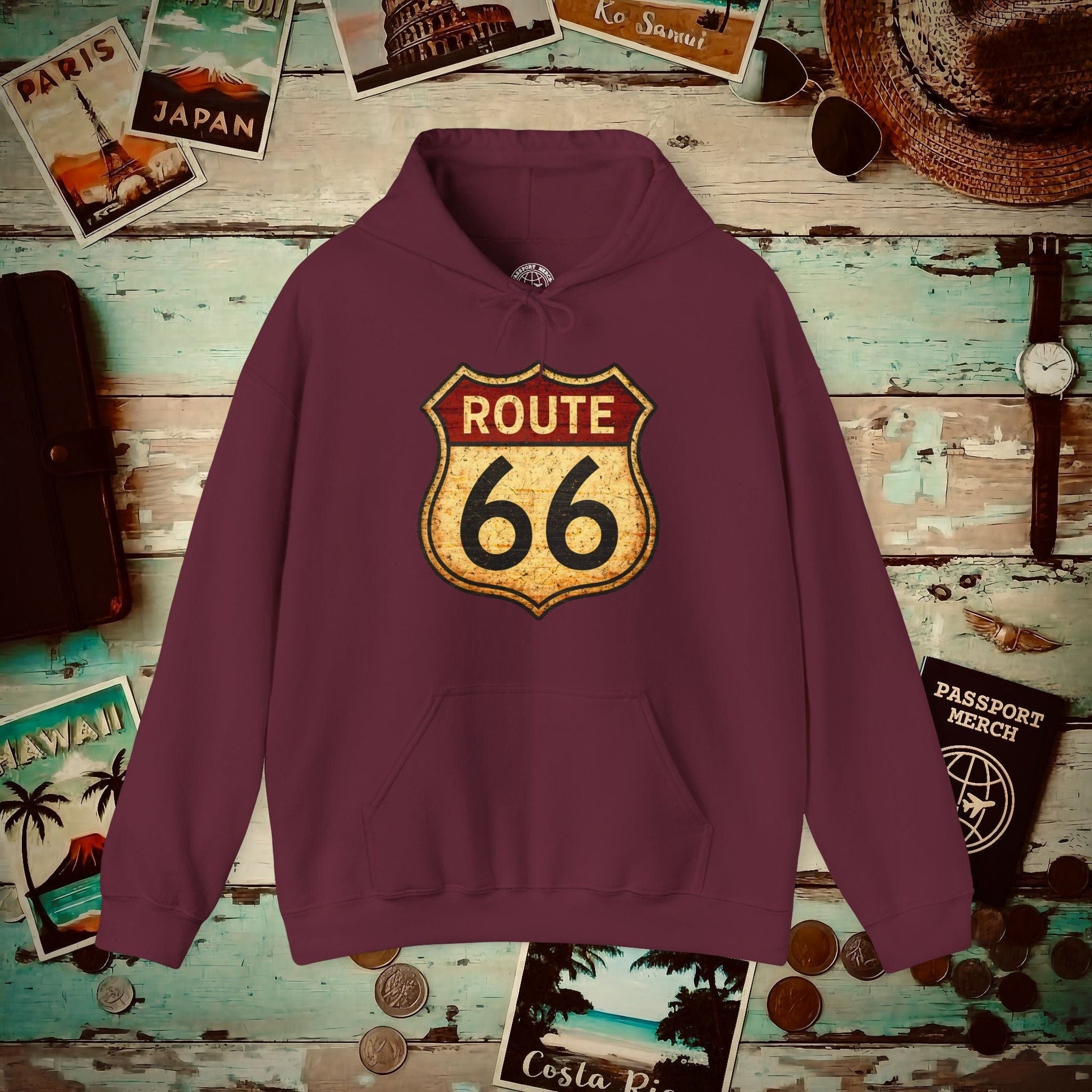 Signs of Wanderlust, Vintage Route 66, USA Hoodie Maroon / S