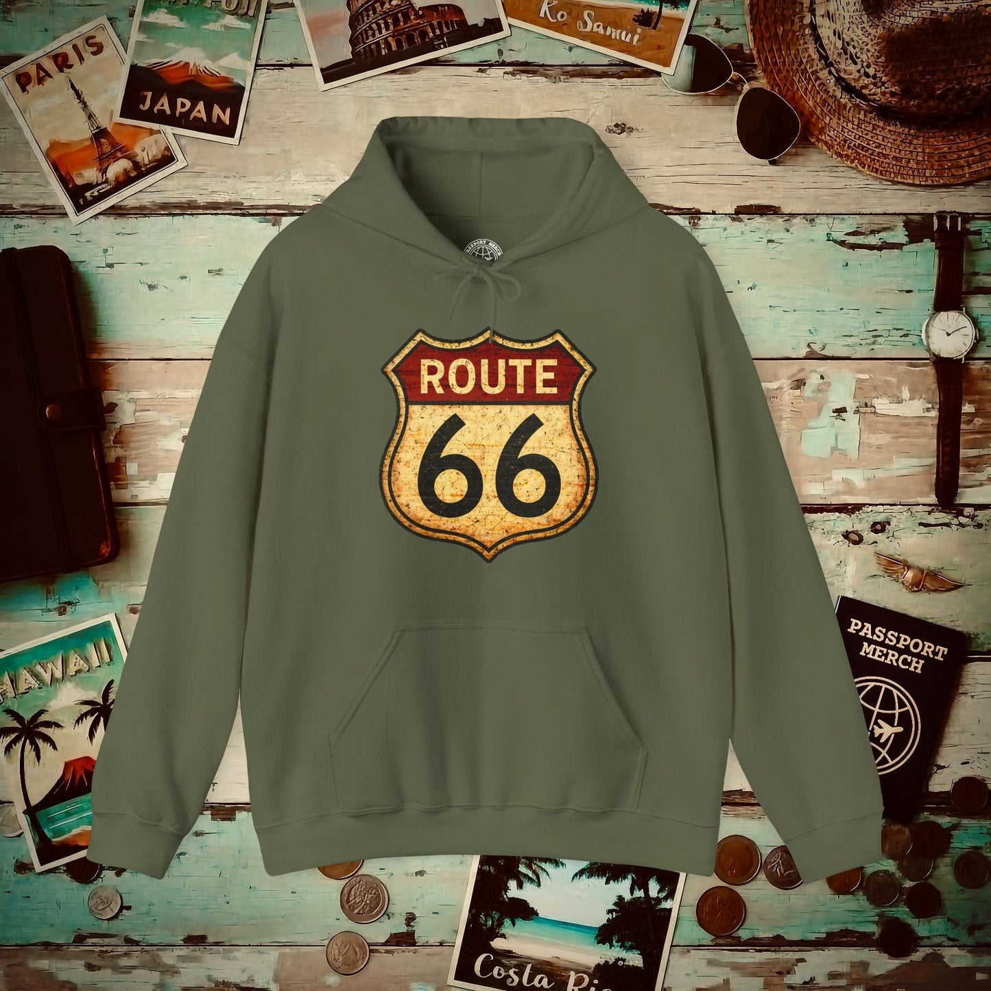 Signs of Wanderlust, Vintage Route 66, USA Hoodie Military Green / S