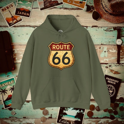 Signs of Wanderlust, Vintage Route 66, USA Hoodie Military Green / S