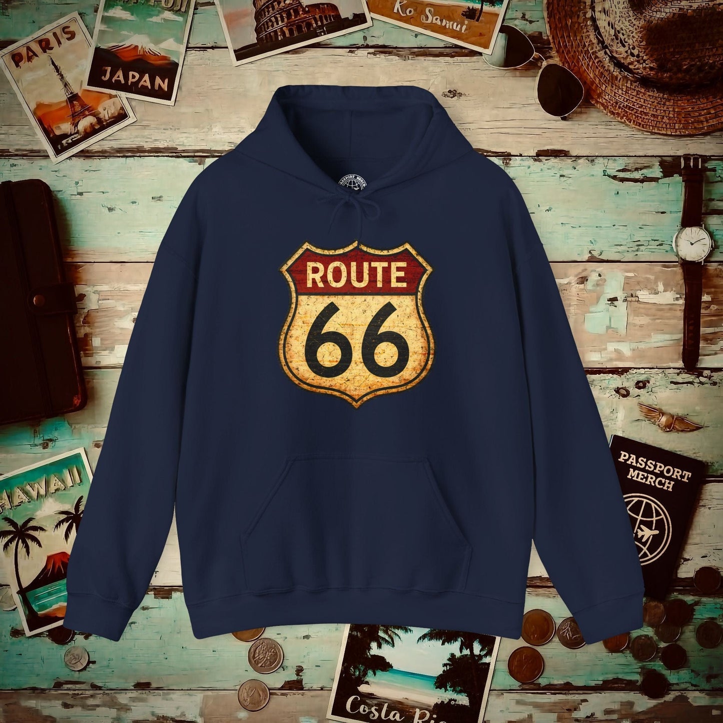 Signs of Wanderlust, Vintage Route 66, USA Hoodie Navy / S