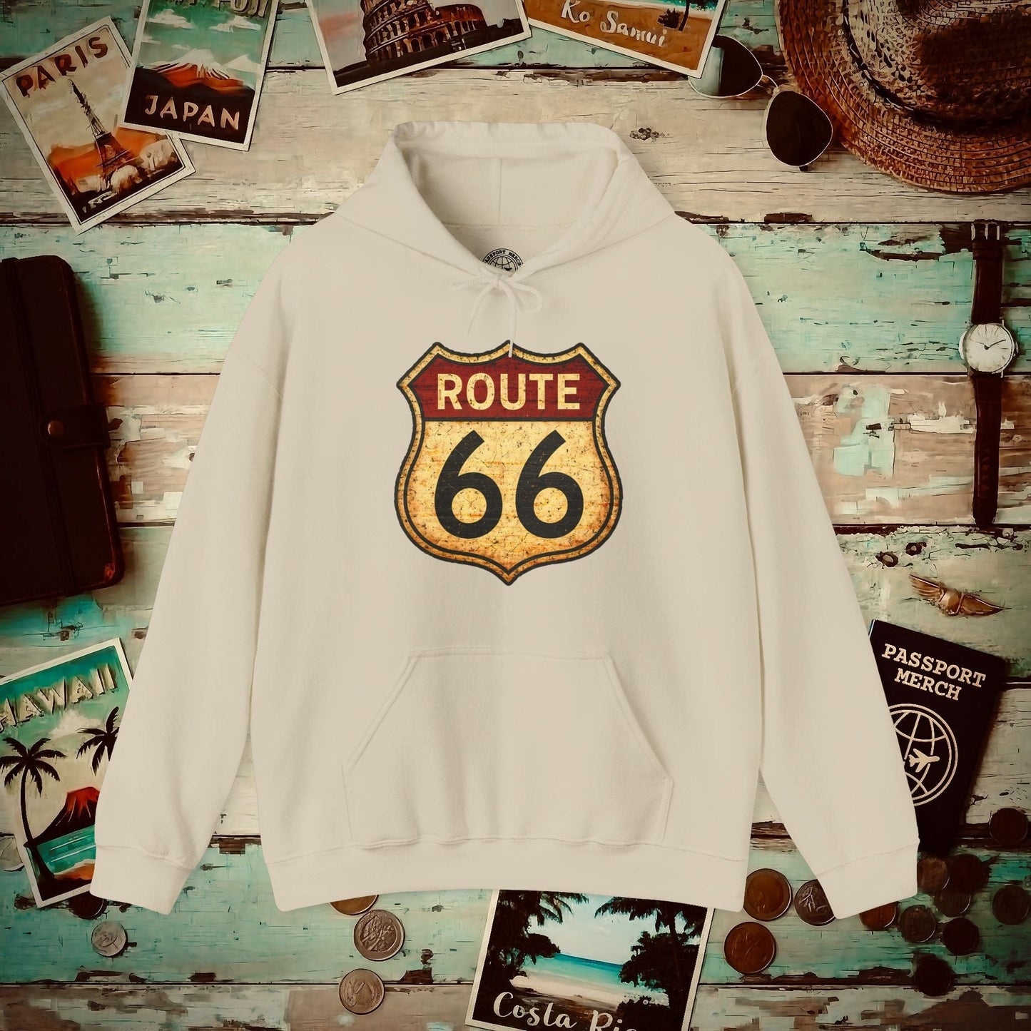 Signs of Wanderlust, Vintage Route 66, USA Hoodie Sand / S