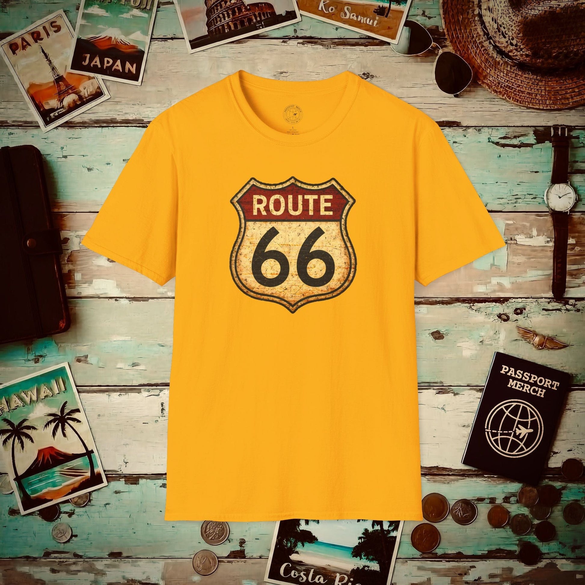 Signs of Wanderlust, Vintage Route 66, USA T-Shirt Gold / S