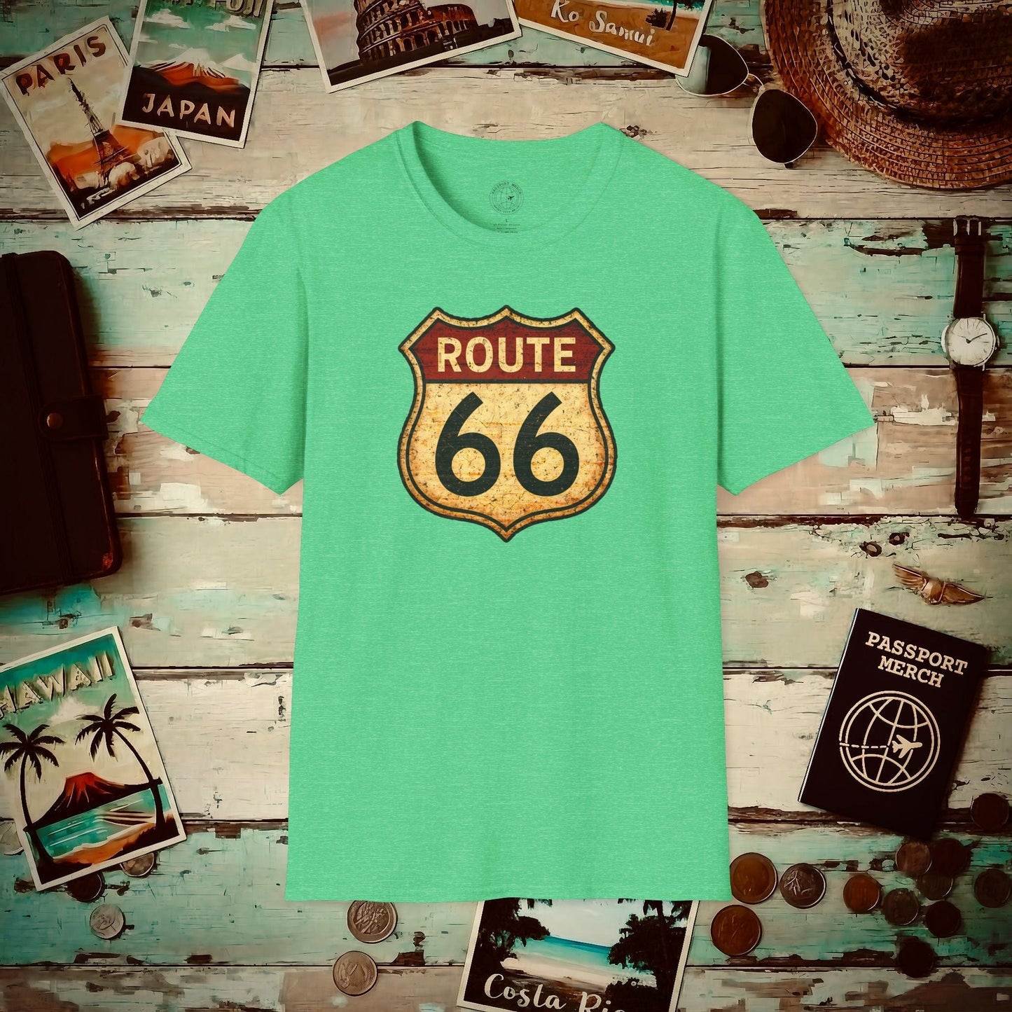 Signs of Wanderlust, Vintage Route 66, USA T-Shirt Heather Irish Green / S