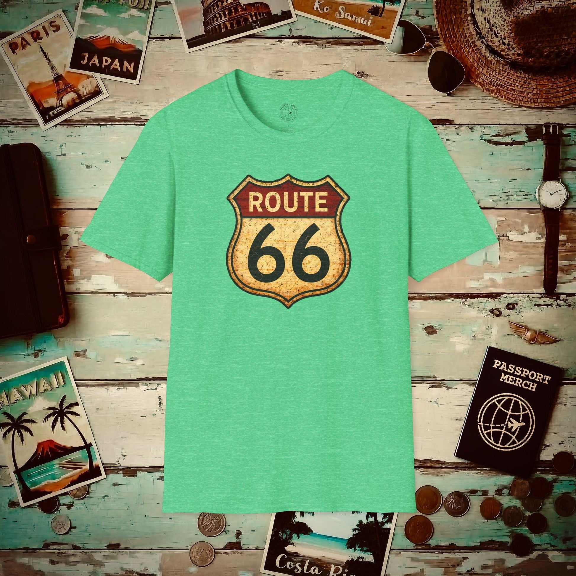 Signs of Wanderlust, Vintage Route 66, USA T-Shirt Heather Irish Green / S