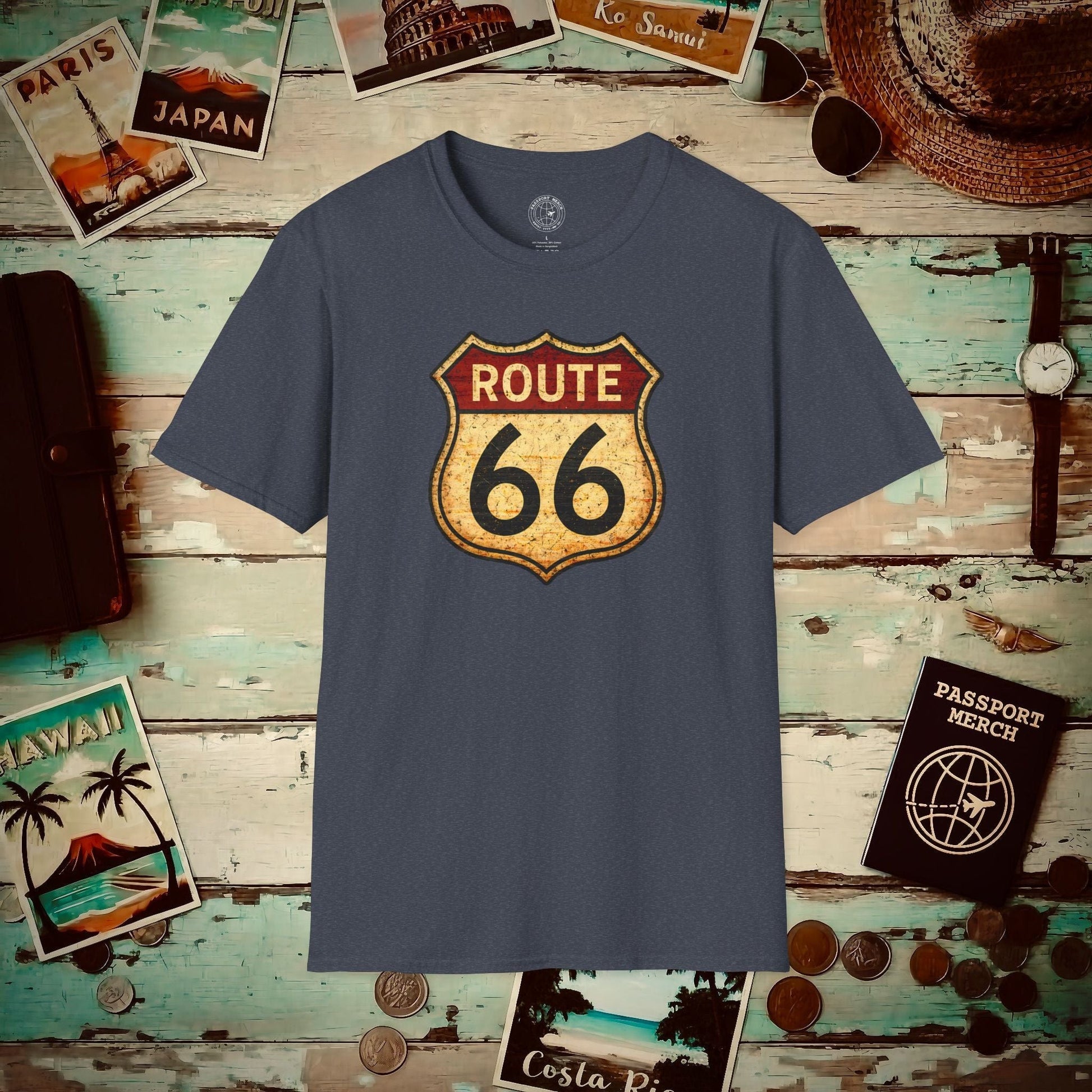 Signs of Wanderlust, Vintage Route 66, USA T-Shirt Heather Navy / S