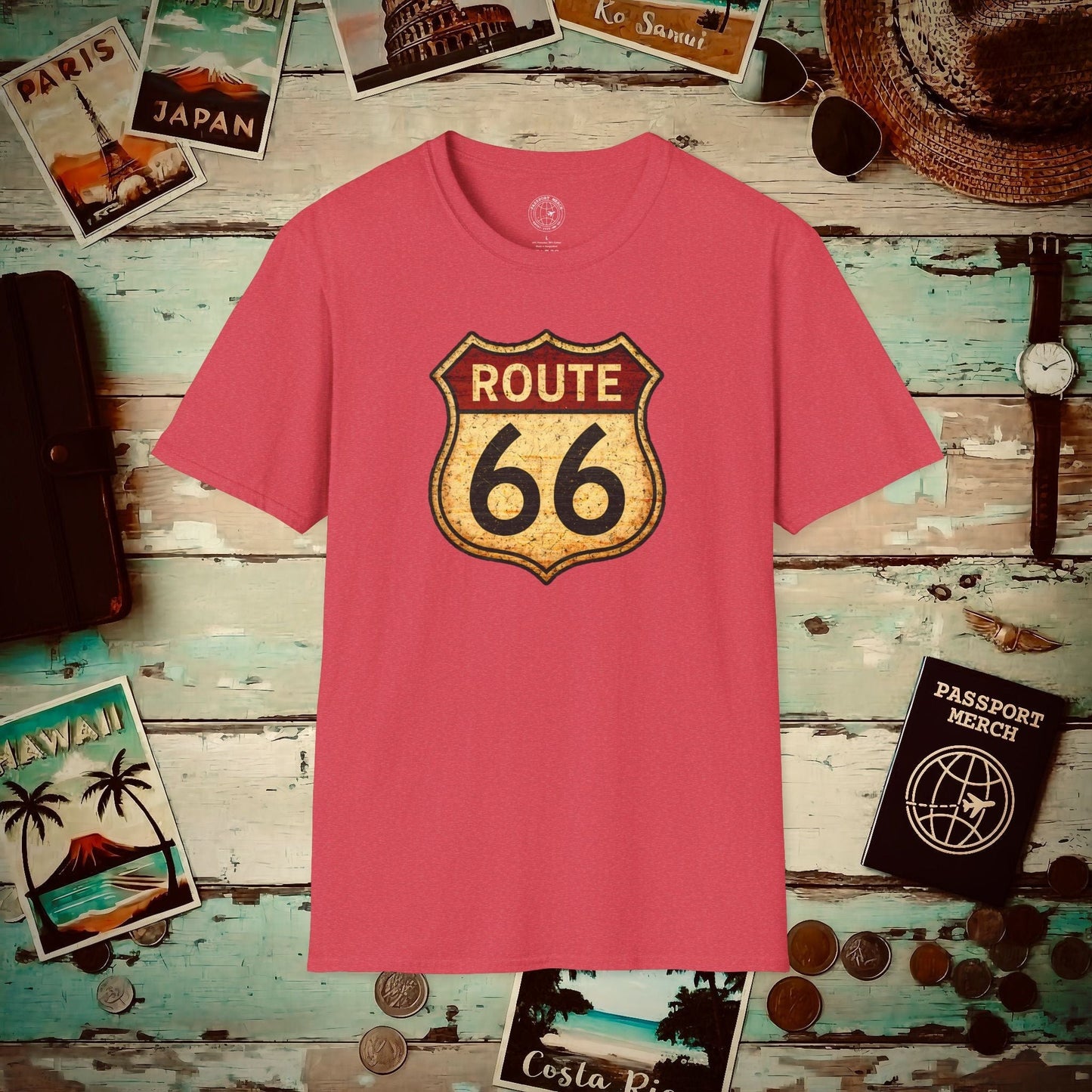 Signs of Wanderlust, Vintage Route 66, USA T-Shirt Heather Red / S