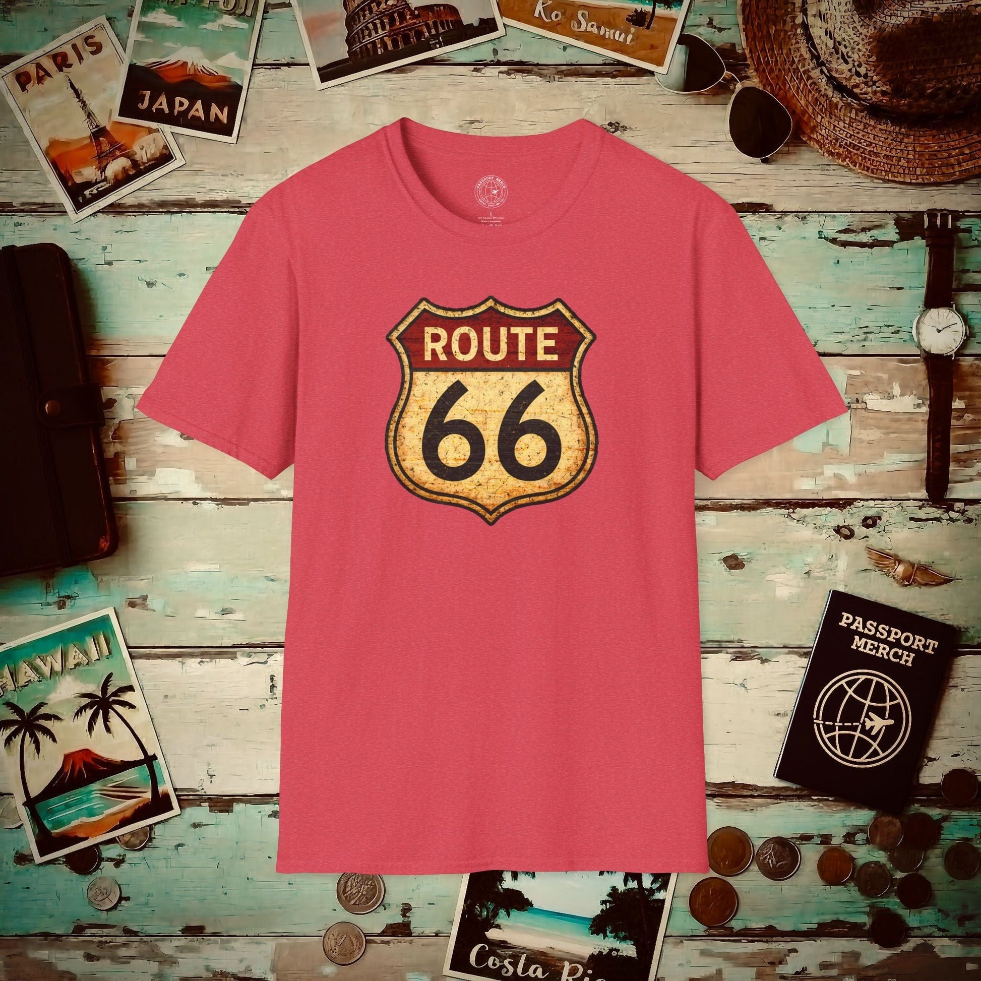 Signs of Wanderlust, Vintage Route 66, USA T-Shirt Heather Red / S