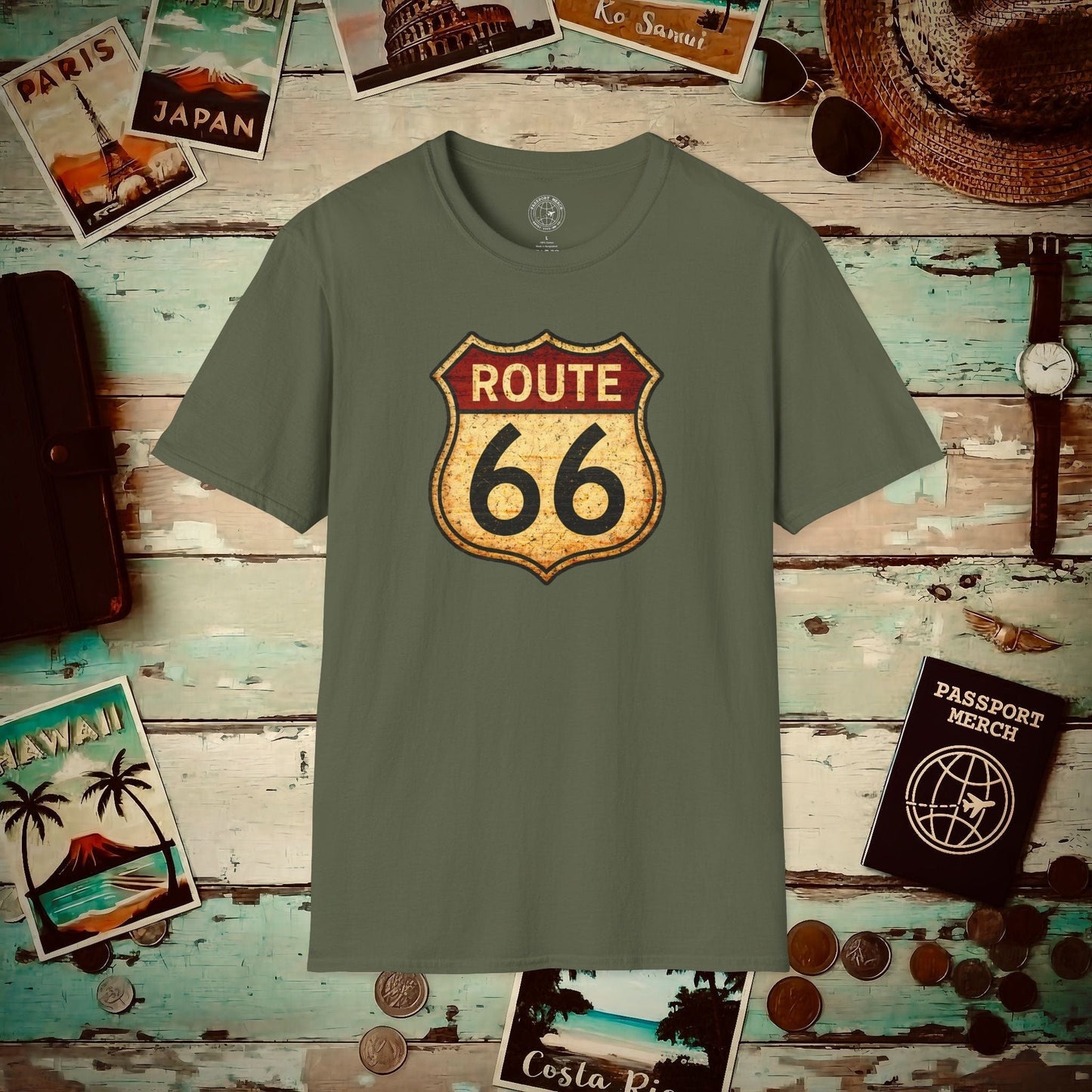 Signs of Wanderlust, Vintage Route 66, USA T-Shirt Military Green / S