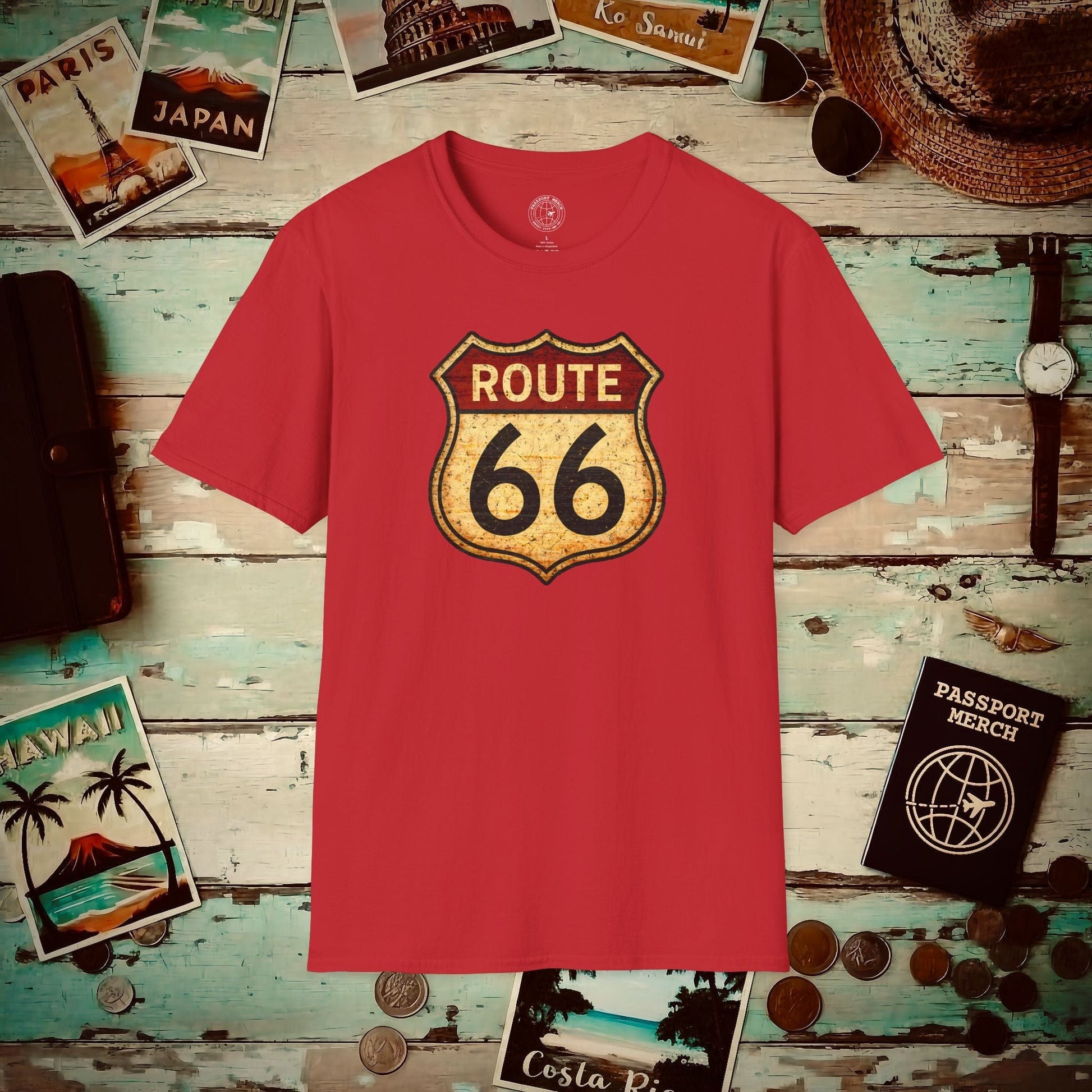 Signs of Wanderlust, Vintage Route 66, USA T-Shirt Red / S