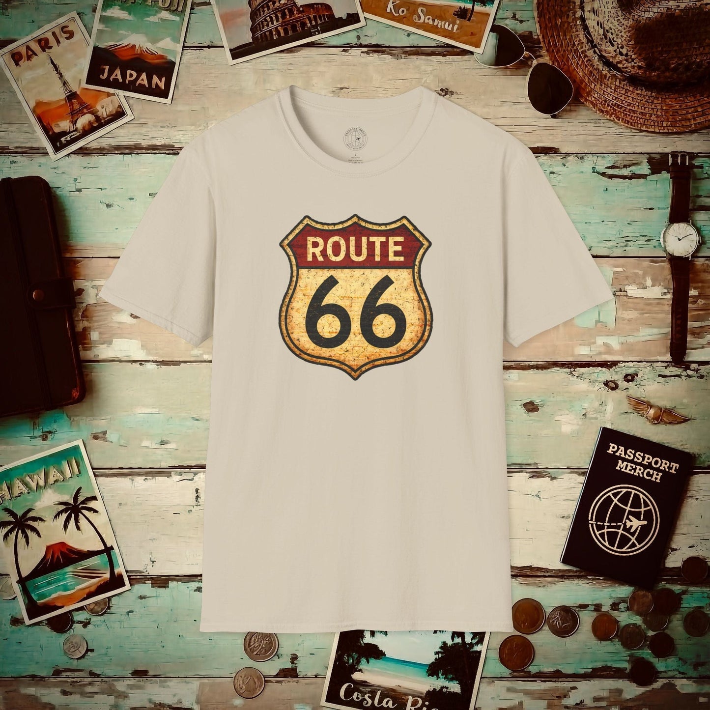 Signs of Wanderlust, Vintage Route 66, USA T-Shirt Sand / S