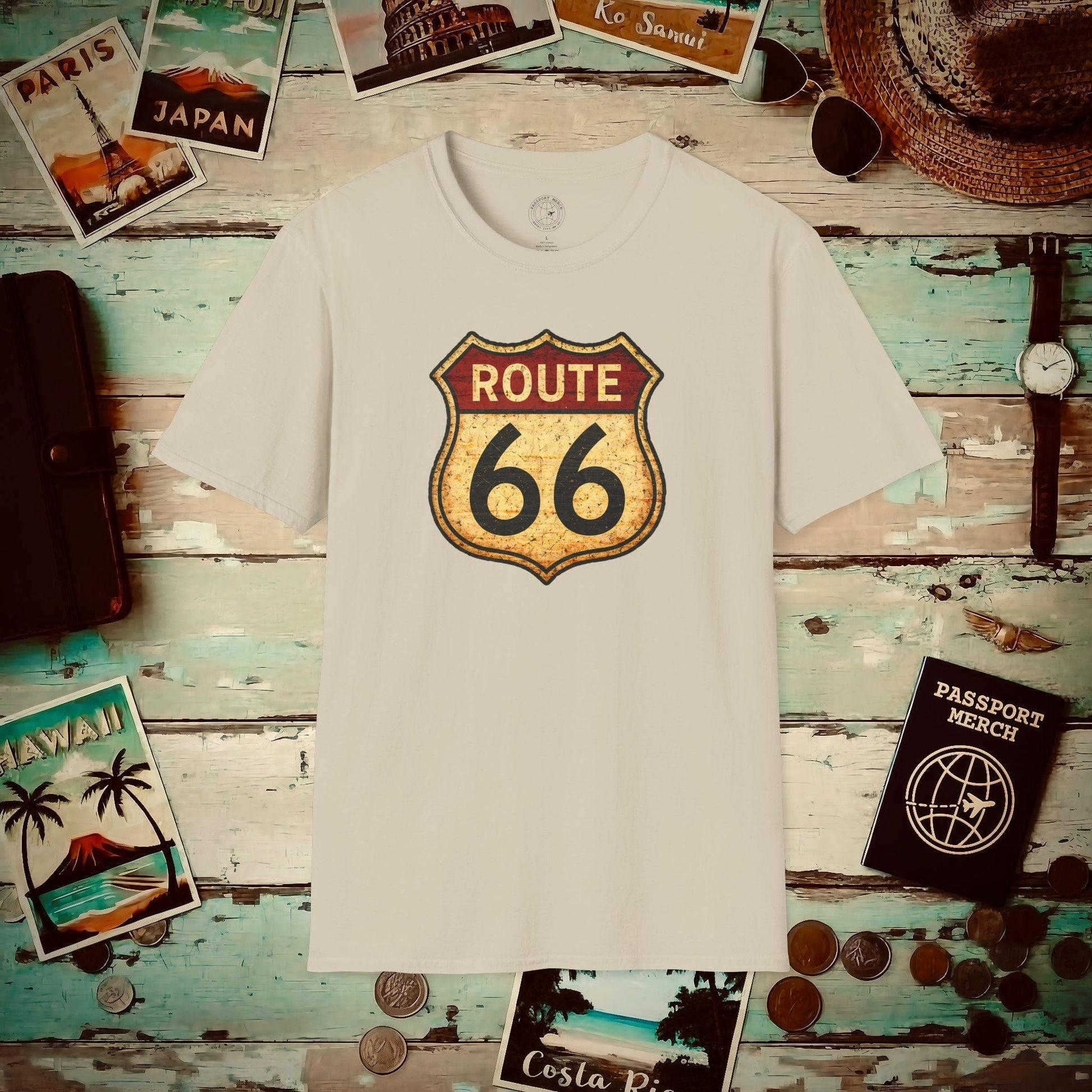 Signs of Wanderlust, Vintage Route 66, USA T-Shirt Sand / S