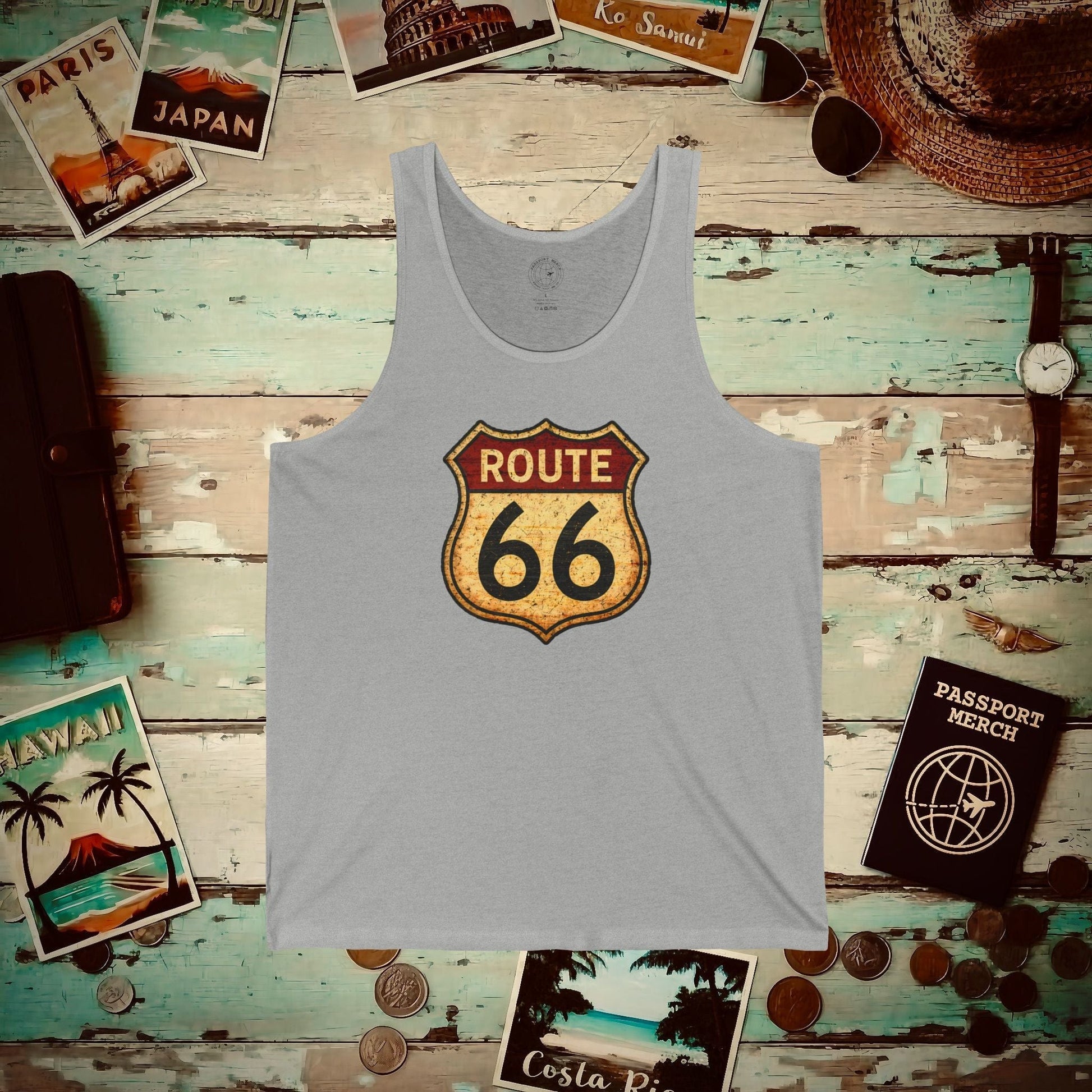 Signs of Wanderlust, Vintage Route 66, USA Tank Top Athletic Heather / XS