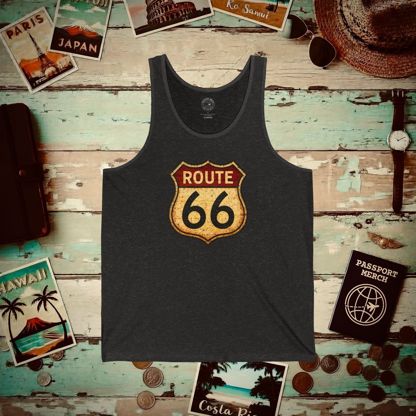 Signs of Wanderlust, Vintage Route 66, USA Tank Top Charcoal Black TriBlend / XS