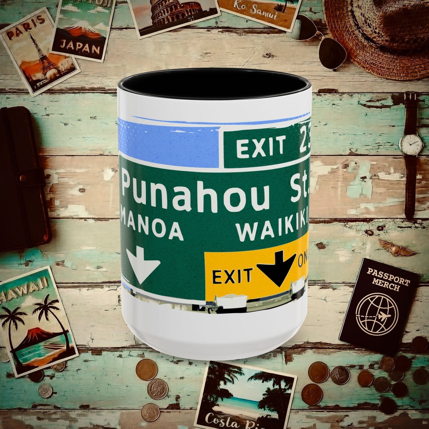 Signs of Wanderlust, Waikiki, Exit Only, Hawaii 15oz Mug Black / 15oz