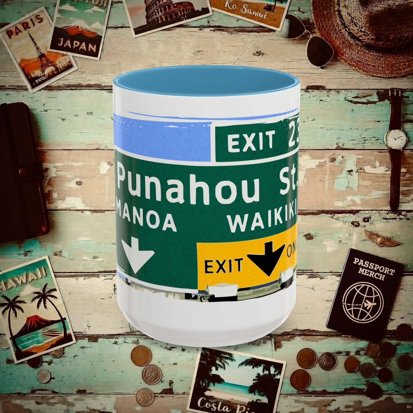 Signs of Wanderlust, Waikiki, Exit Only, Hawaii 15oz Mug Light Blue / 15oz