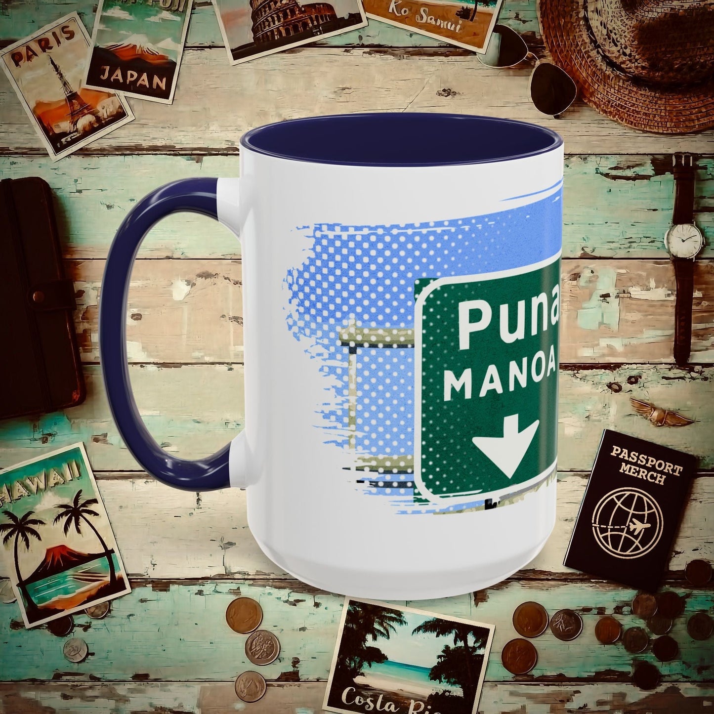 Signs of Wanderlust, Waikiki, Exit Only, Hawaii 15oz Mug Navy / 15oz