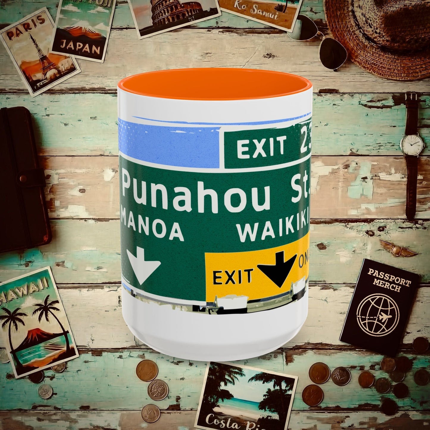 Signs of Wanderlust, Waikiki, Exit Only, Hawaii 15oz Mug Orange / 15oz