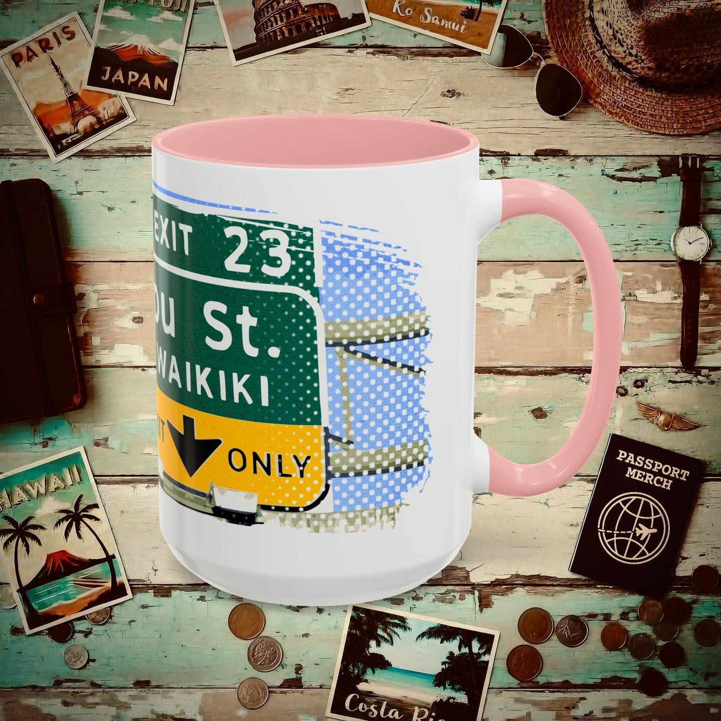 Signs of Wanderlust, Waikiki, Exit Only, Hawaii 15oz Mug Pink / 15oz