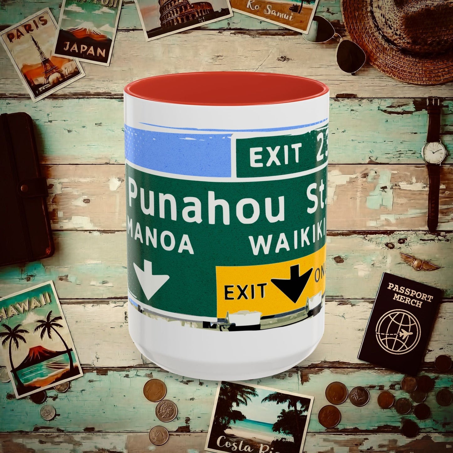 Signs of Wanderlust, Waikiki, Exit Only, Hawaii 15oz Mug Red / 15oz