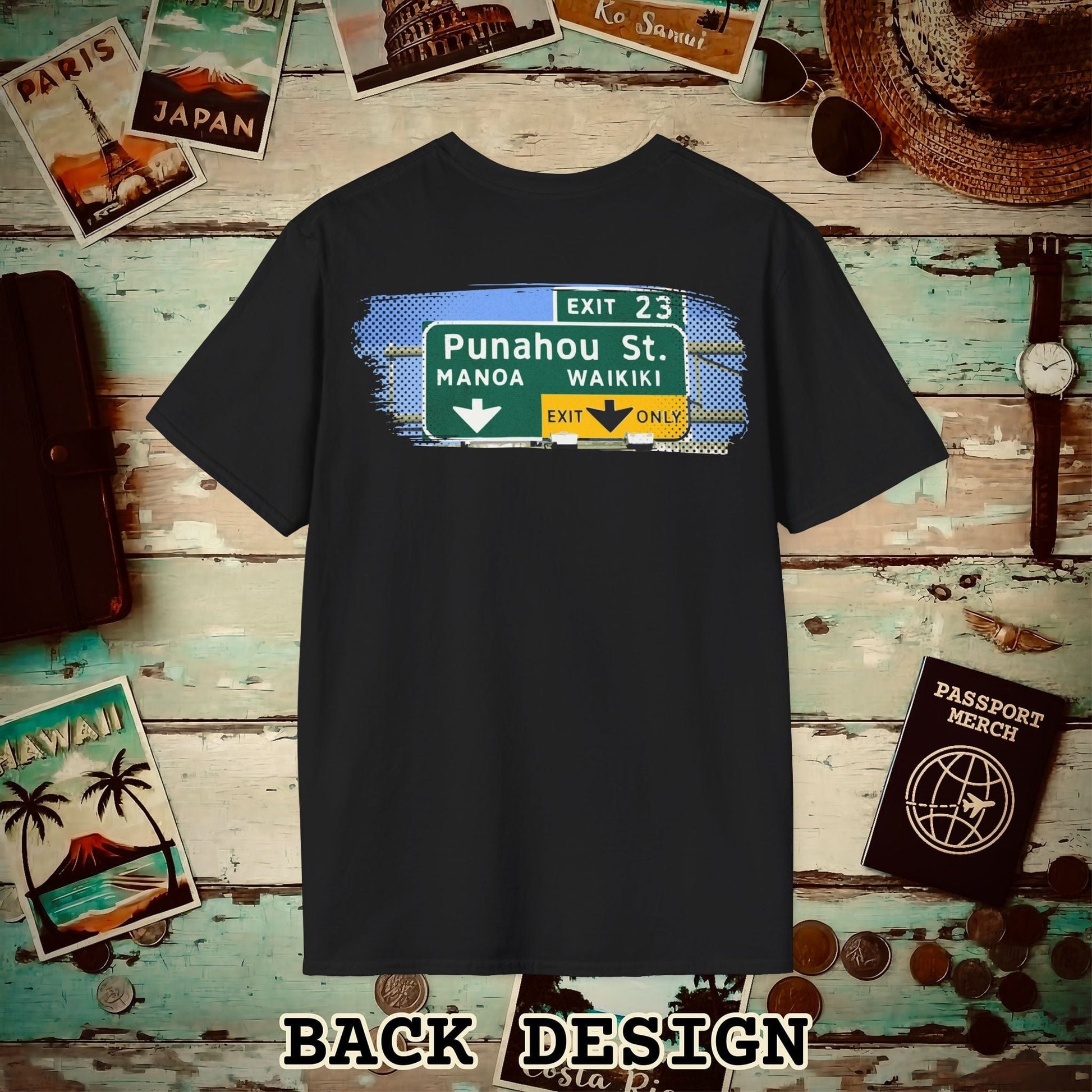 Signs of Wanderlust, Waikiki, Exit Only, Hawaii Back Print T-Shirt Black / S