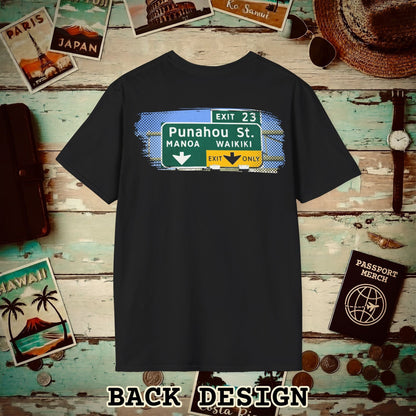 Signs of Wanderlust, Waikiki, Exit Only, Hawaii Back Print T-Shirt Black / S