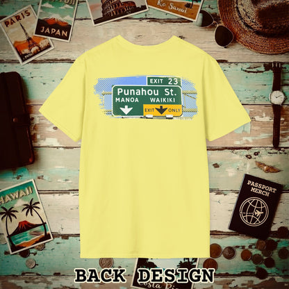 Signs of Wanderlust, Waikiki, Exit Only, Hawaii Back Print T-Shirt Cornsilk / S