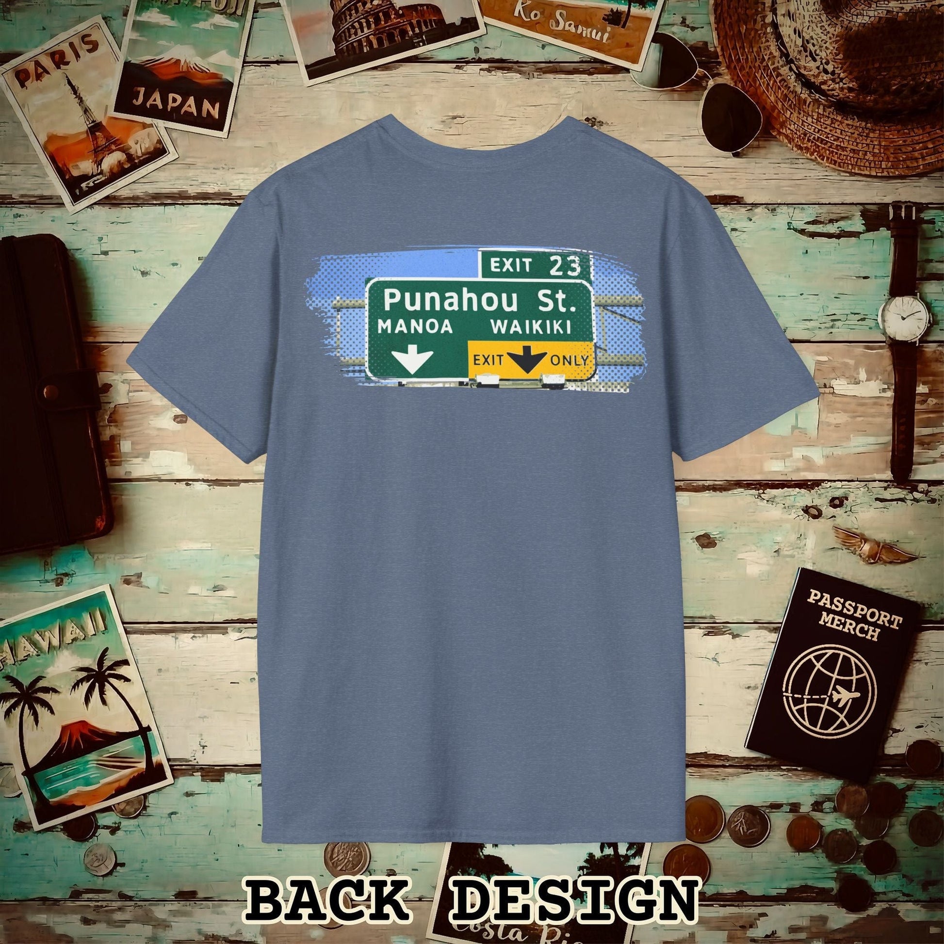 Signs of Wanderlust, Waikiki, Exit Only, Hawaii Back Print T-Shirt Heather Indigo / S