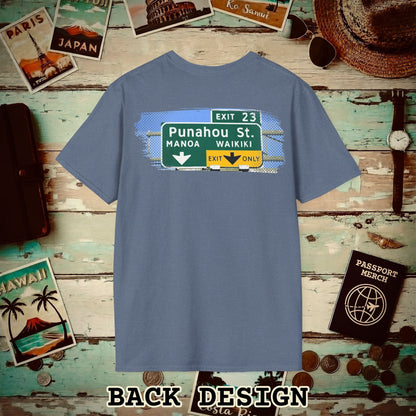 Signs of Wanderlust, Waikiki, Exit Only, Hawaii Back Print T-Shirt Heather Indigo / S