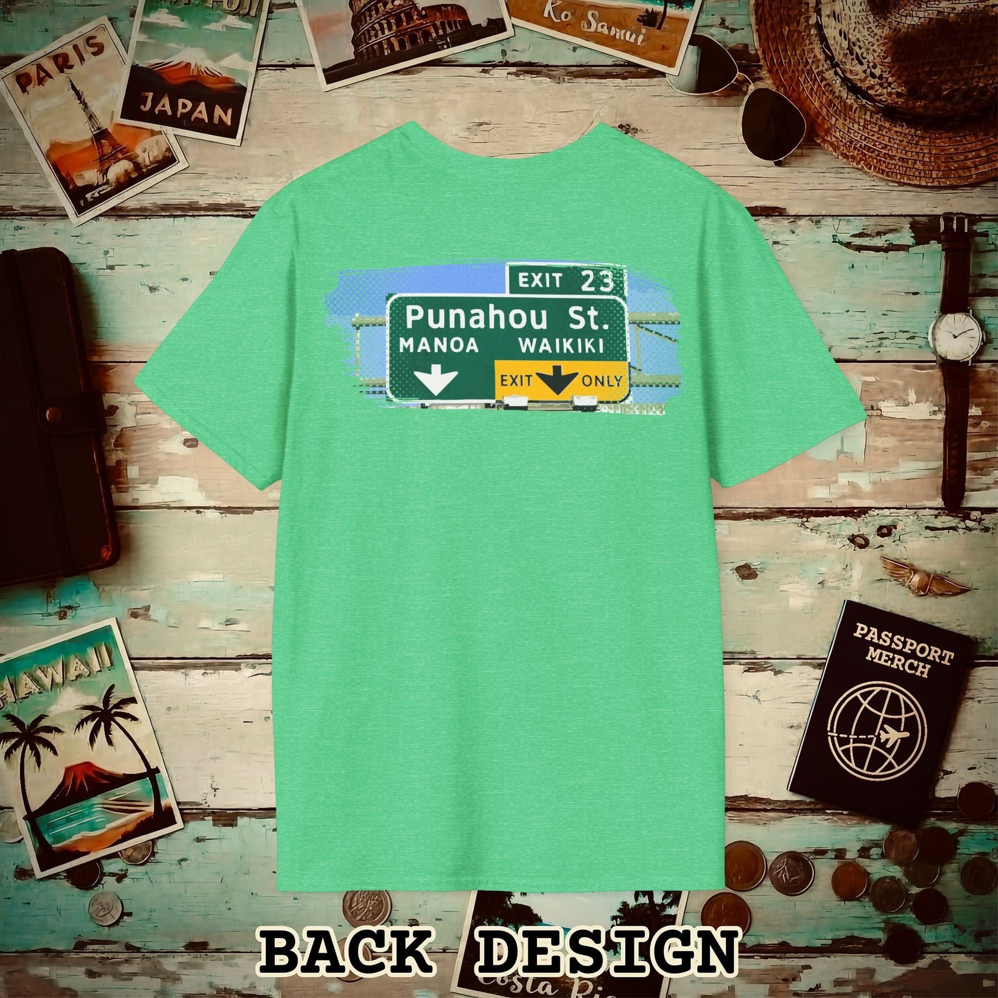 Signs of Wanderlust, Waikiki, Exit Only, Hawaii Back Print T-Shirt Heather Irish Green / S
