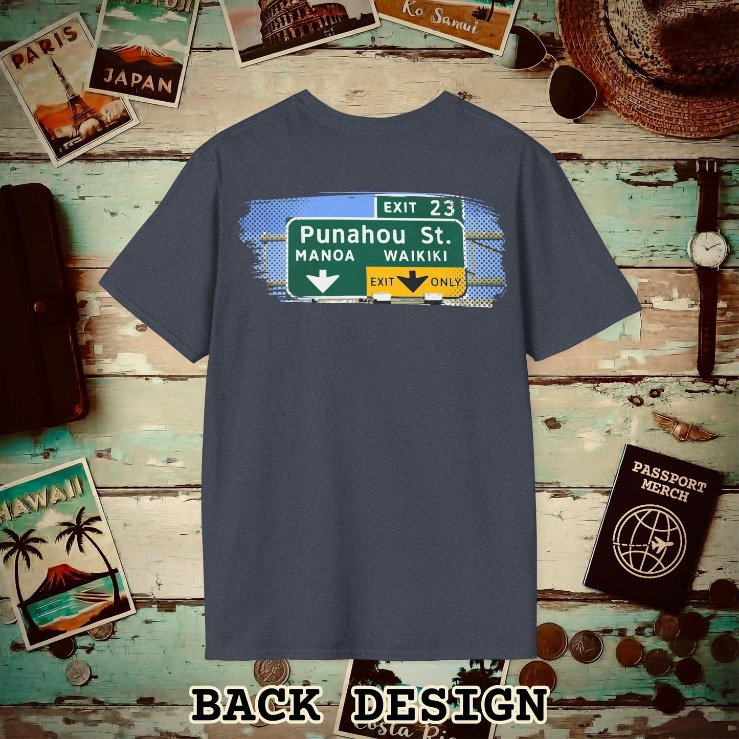 Signs of Wanderlust, Waikiki, Exit Only, Hawaii Back Print T-Shirt Heather Navy / S